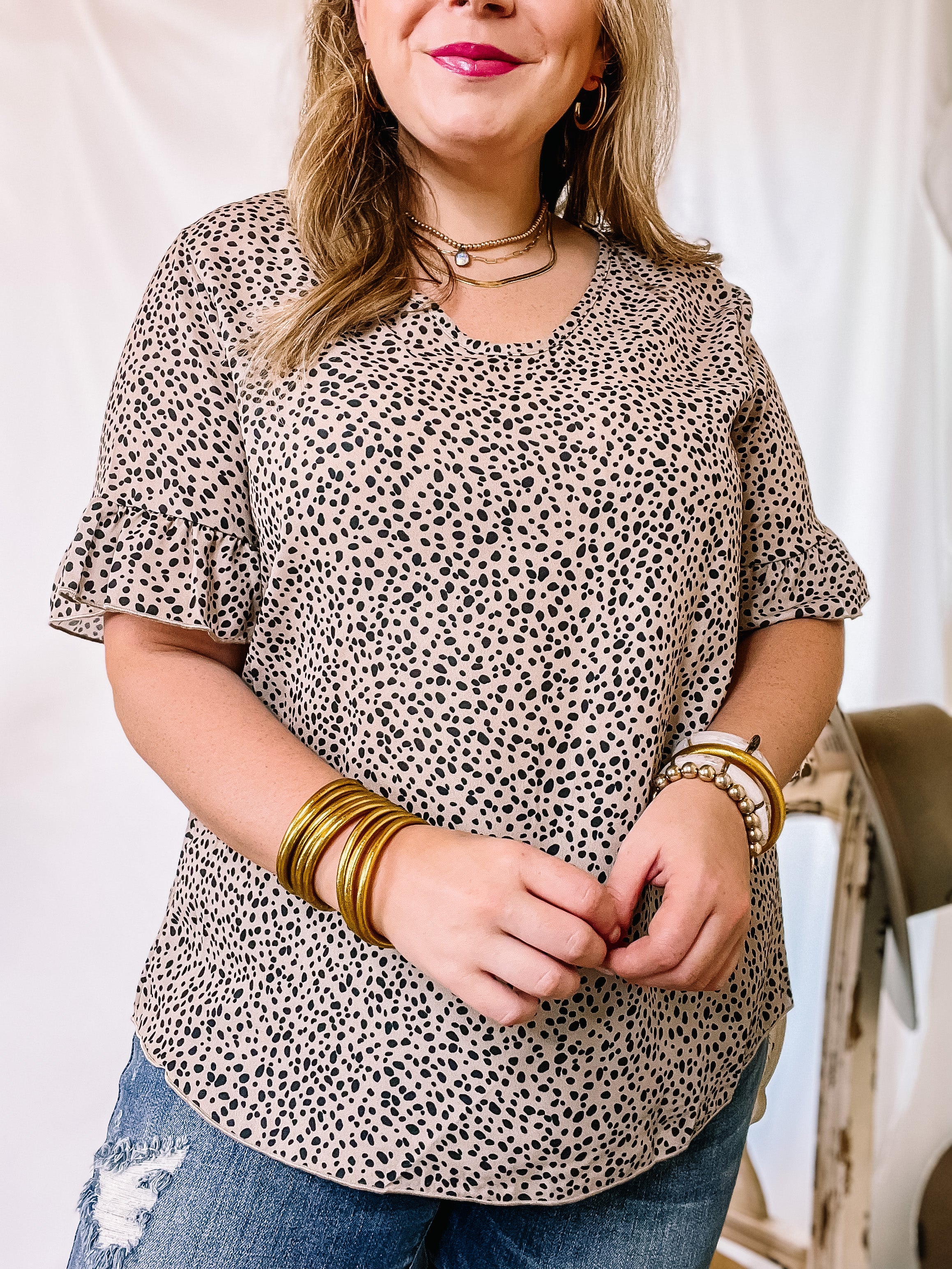 Premium Taupe V-Neck Ruffle Top with Dotted Print | Ultimate Casual Elegance