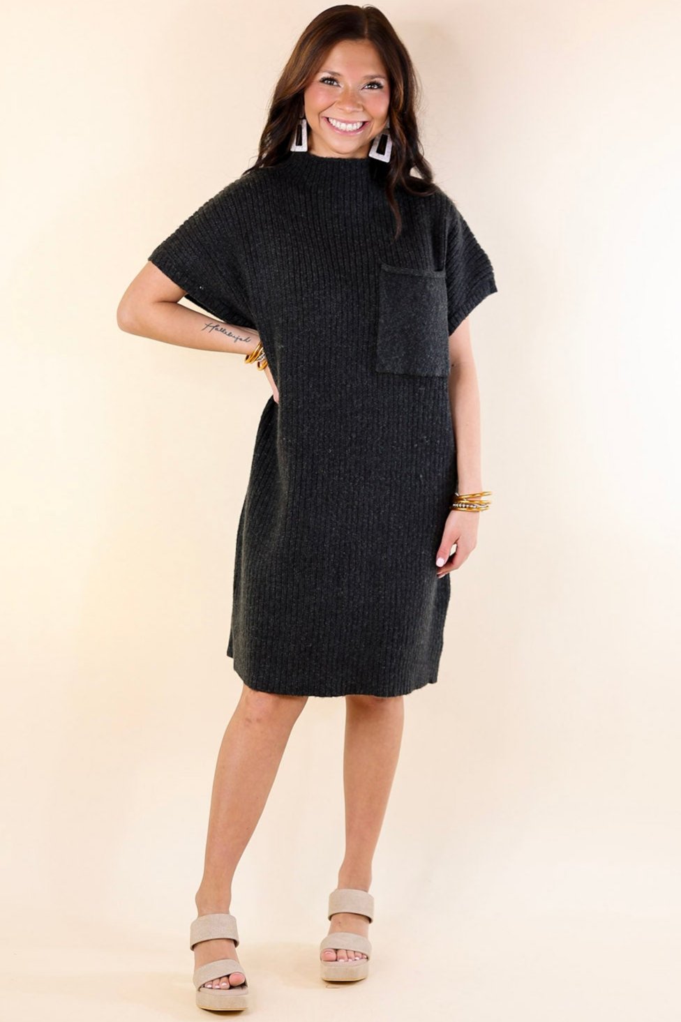 Premium City Sights Cap Sleeve Sweater Dress - Ultimate Charcoal Black