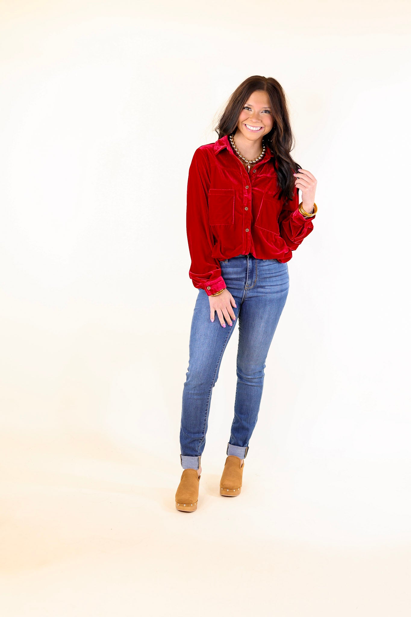 Premium Velvet Button-Up Blouse - Candy Apple Red