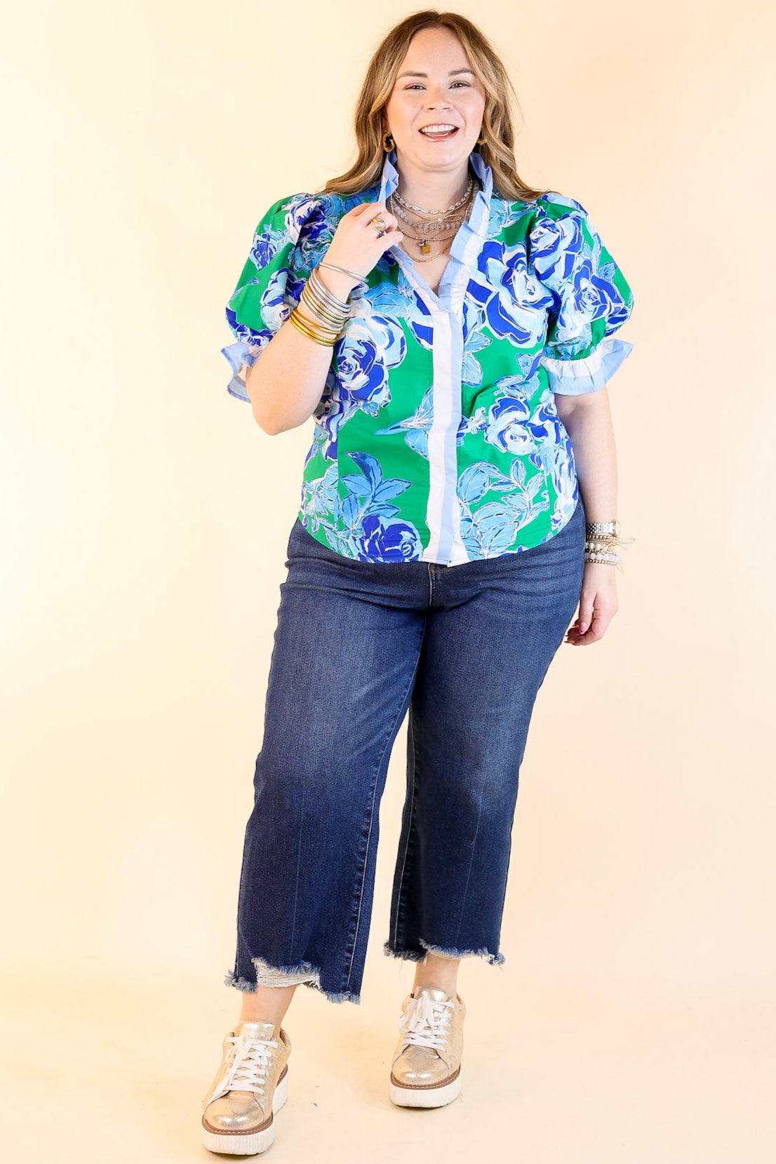 Premium Floral Ruffled V-Neck Top - Green & Blue Elegance