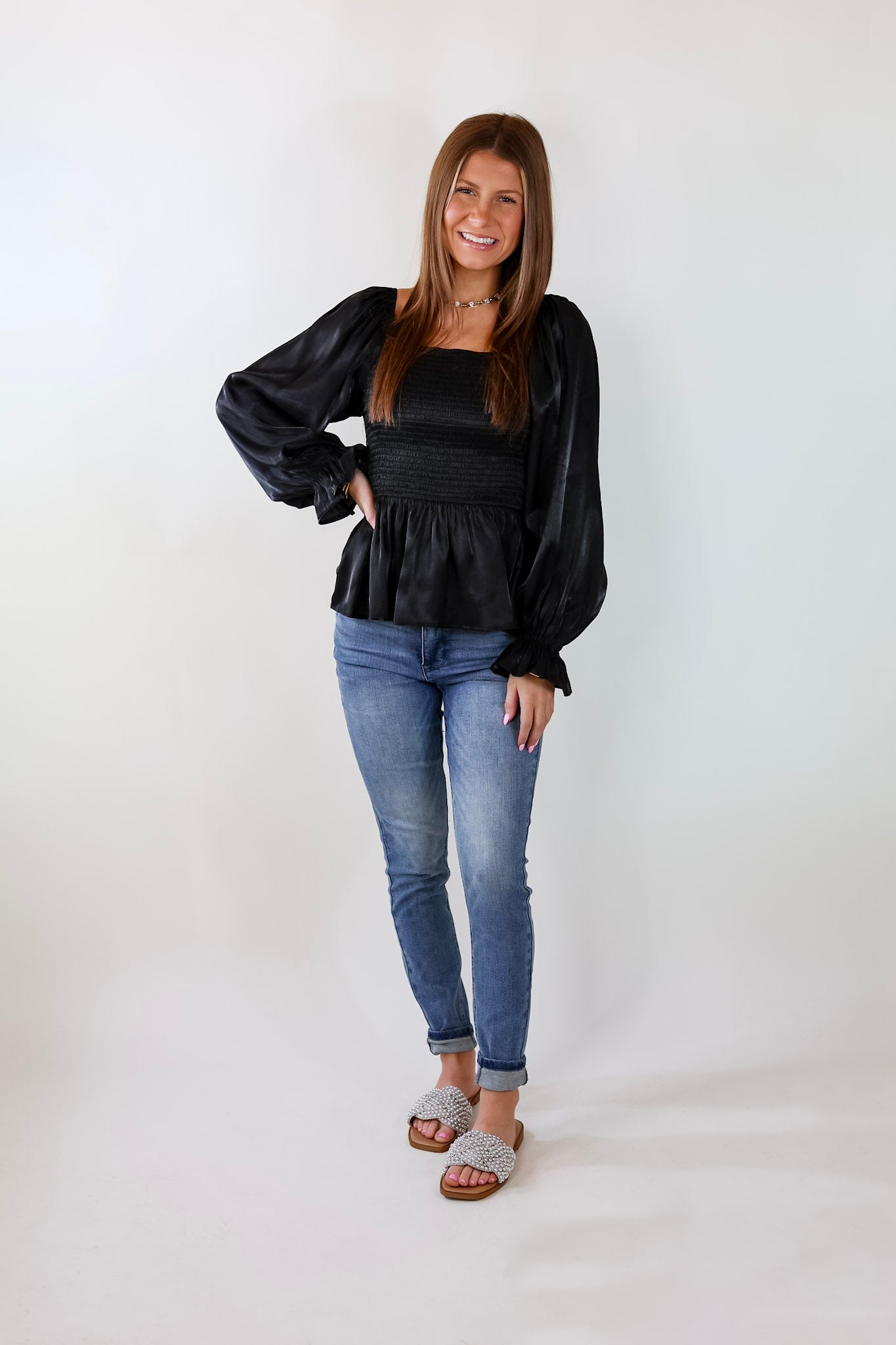 Ultimate Elegance Smocked Long Sleeve Top - Black