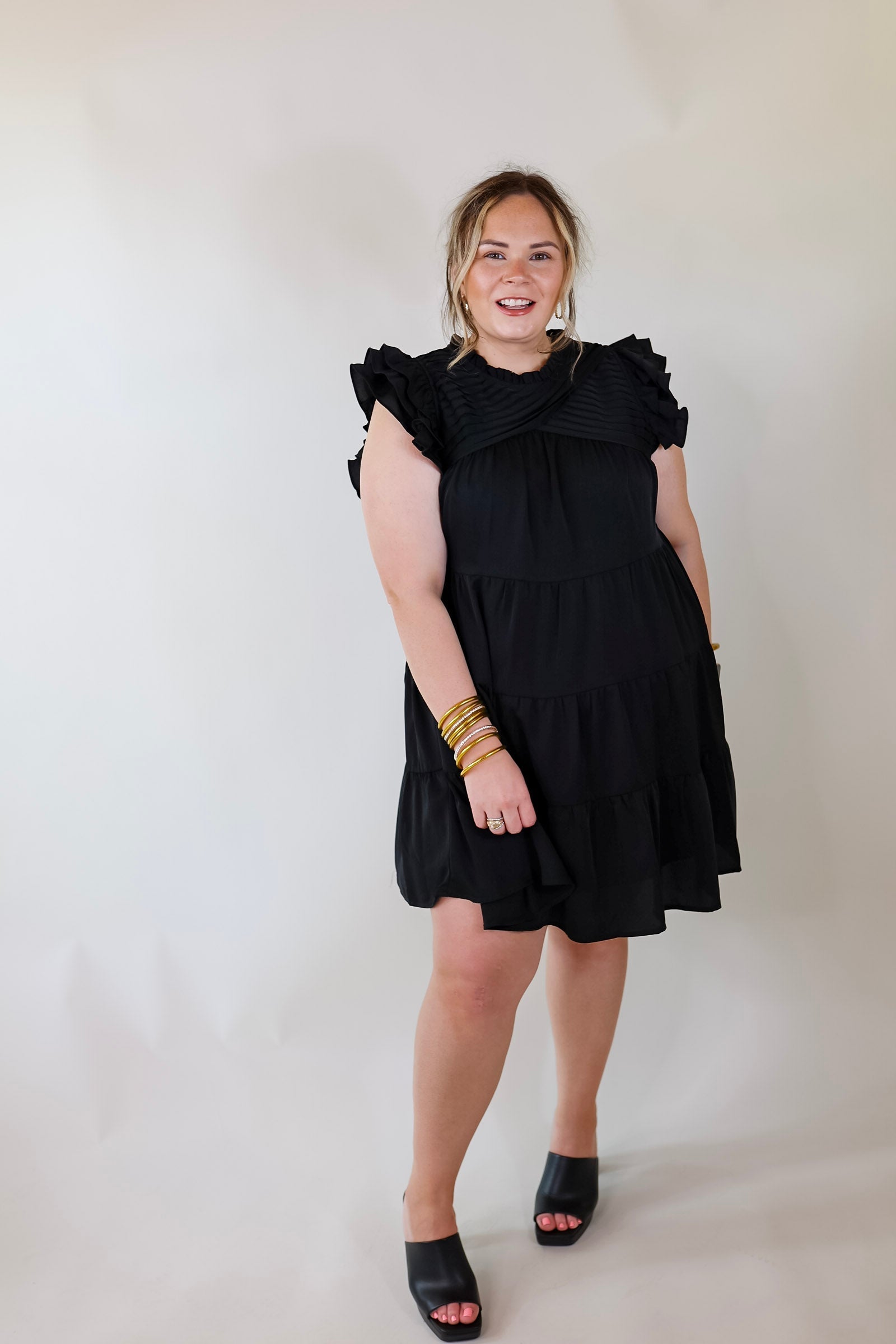 Premium Black Ruffle Tiered Dress with Pleated Detailing
