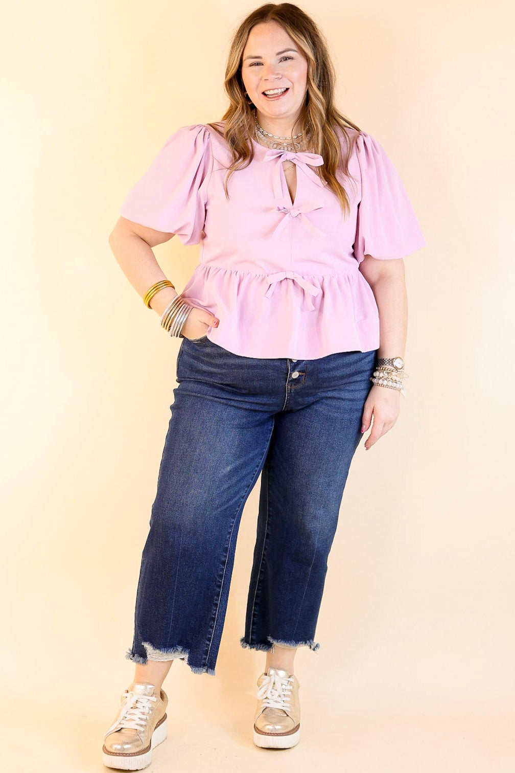 Premium Baby Pink Bow Tie Puff Sleeve Top
