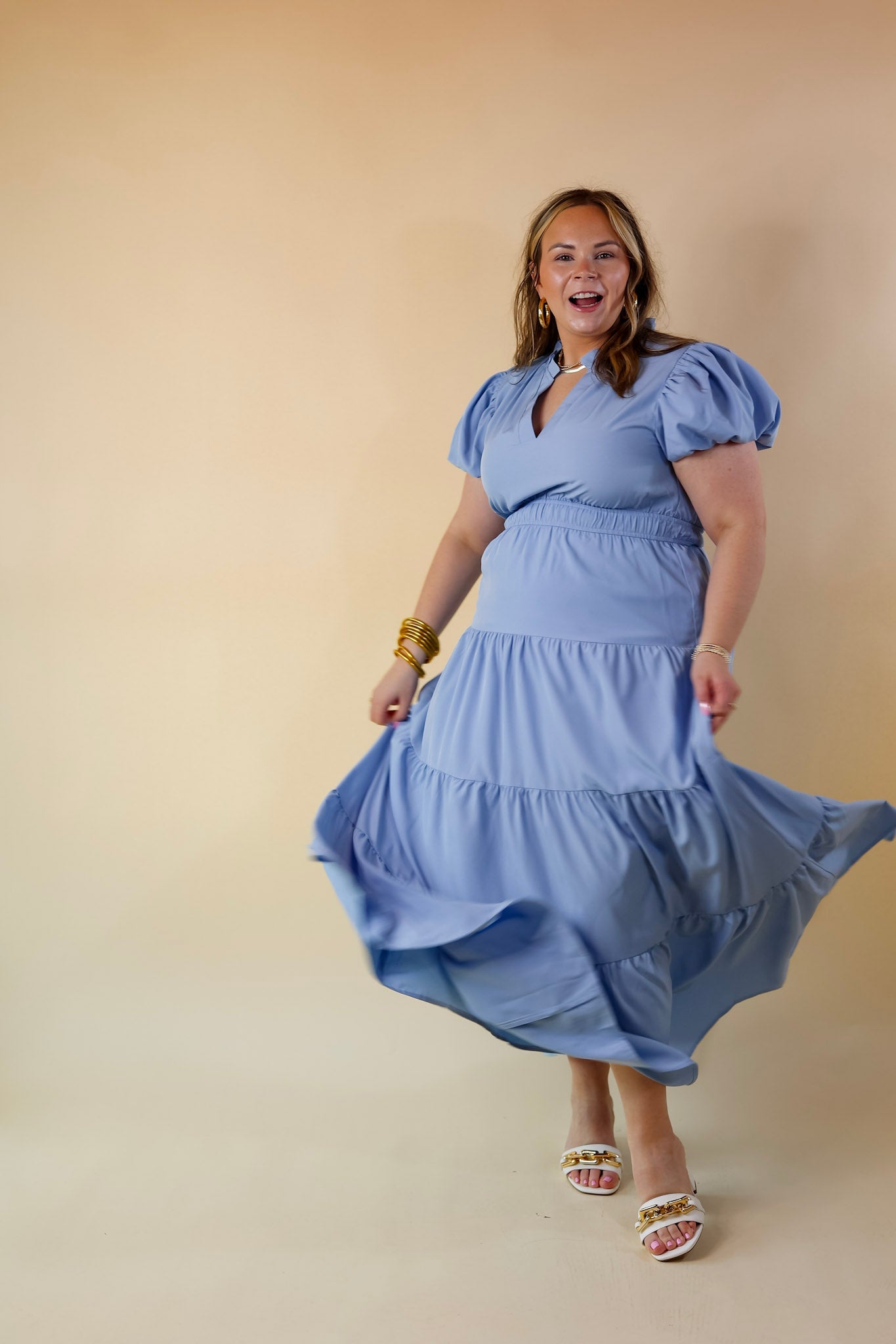 Ultimate 'Table for Two' Tiered Maxi Dress - Chambray Blue with Puff Sleeves