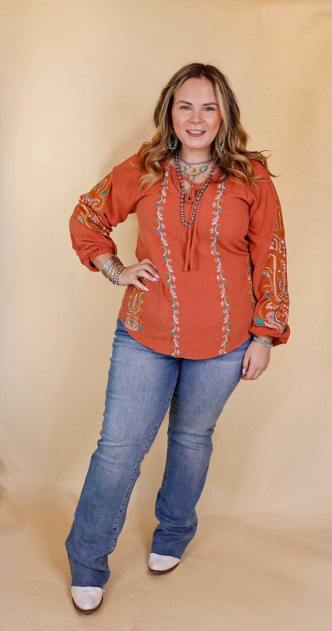 Premium Floral Embroidered Keyhole Top - Clay Orange | Ultimate Style & Comfort