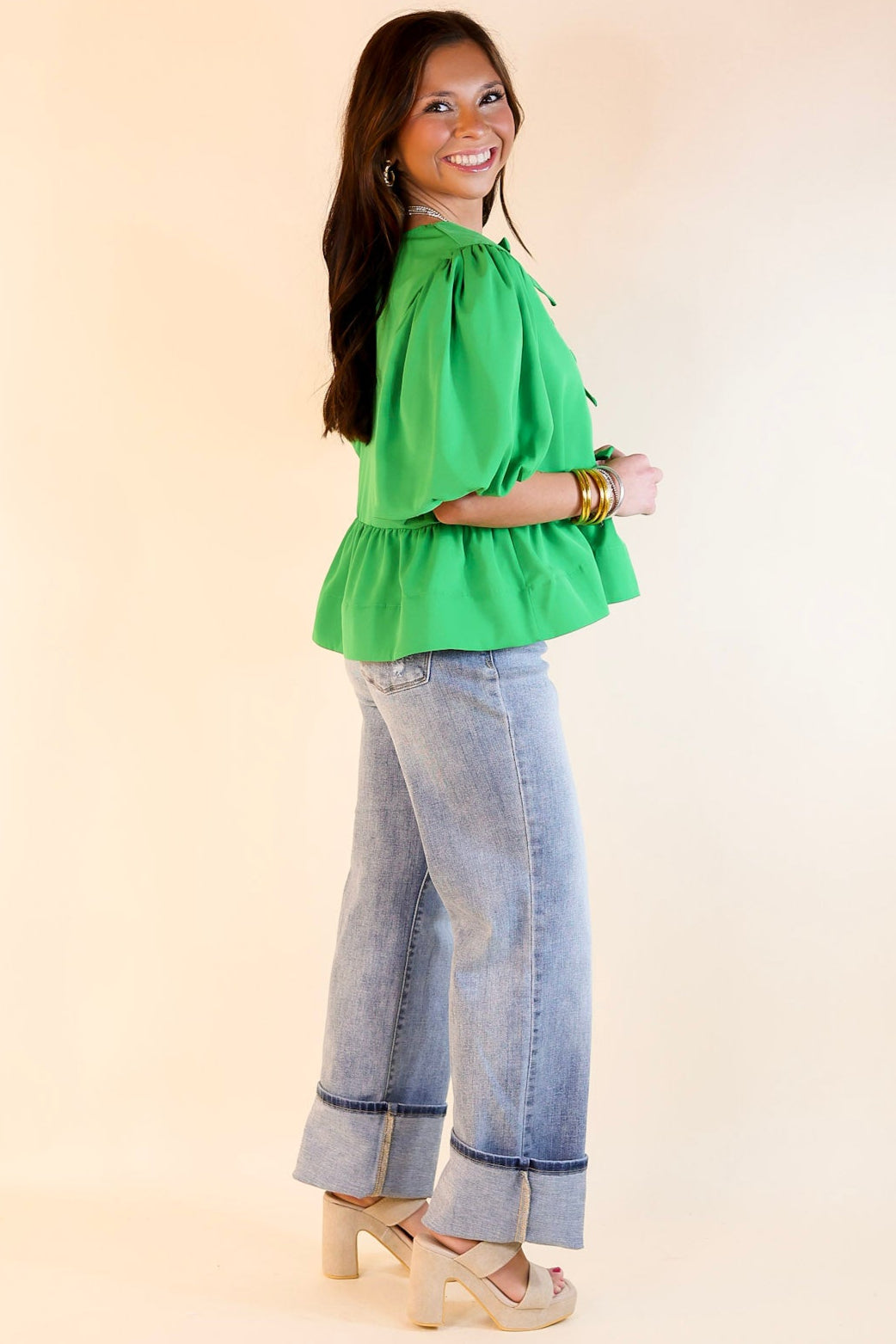 Premium Green Bow Tie Puff Sleeve Top - Ultimate Style Upgrade