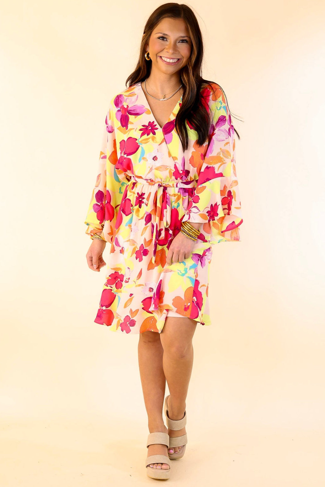 Premium Floral Ruffle Sleeve V-Neck Dress with Waist Tie - Blush Pink