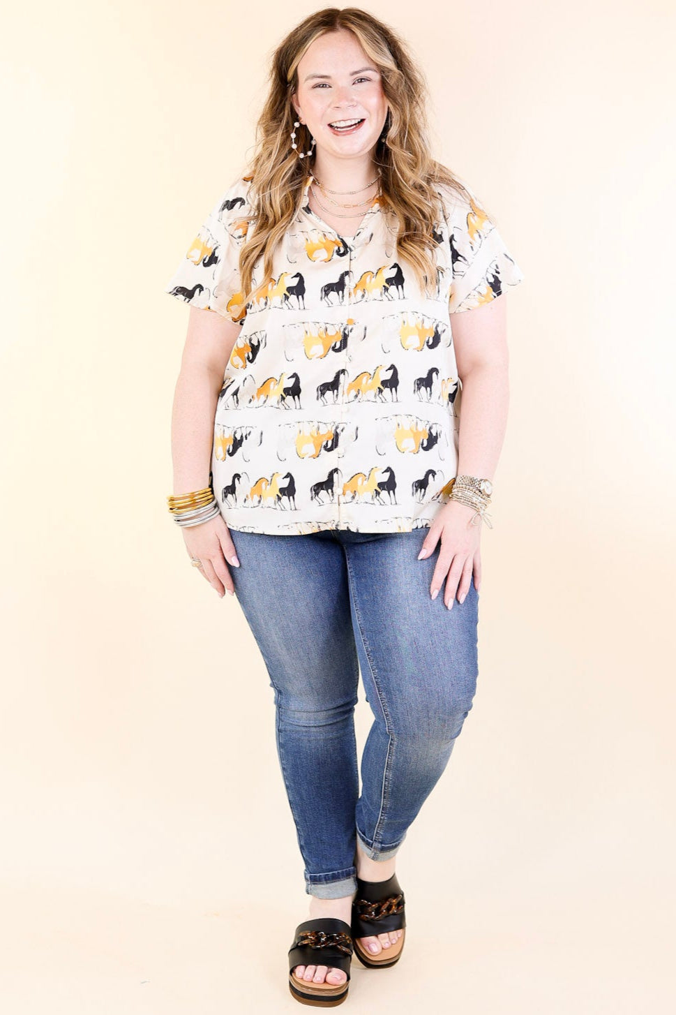 Premium Away We Go Ivory Horse Print Button-Up Shirt
