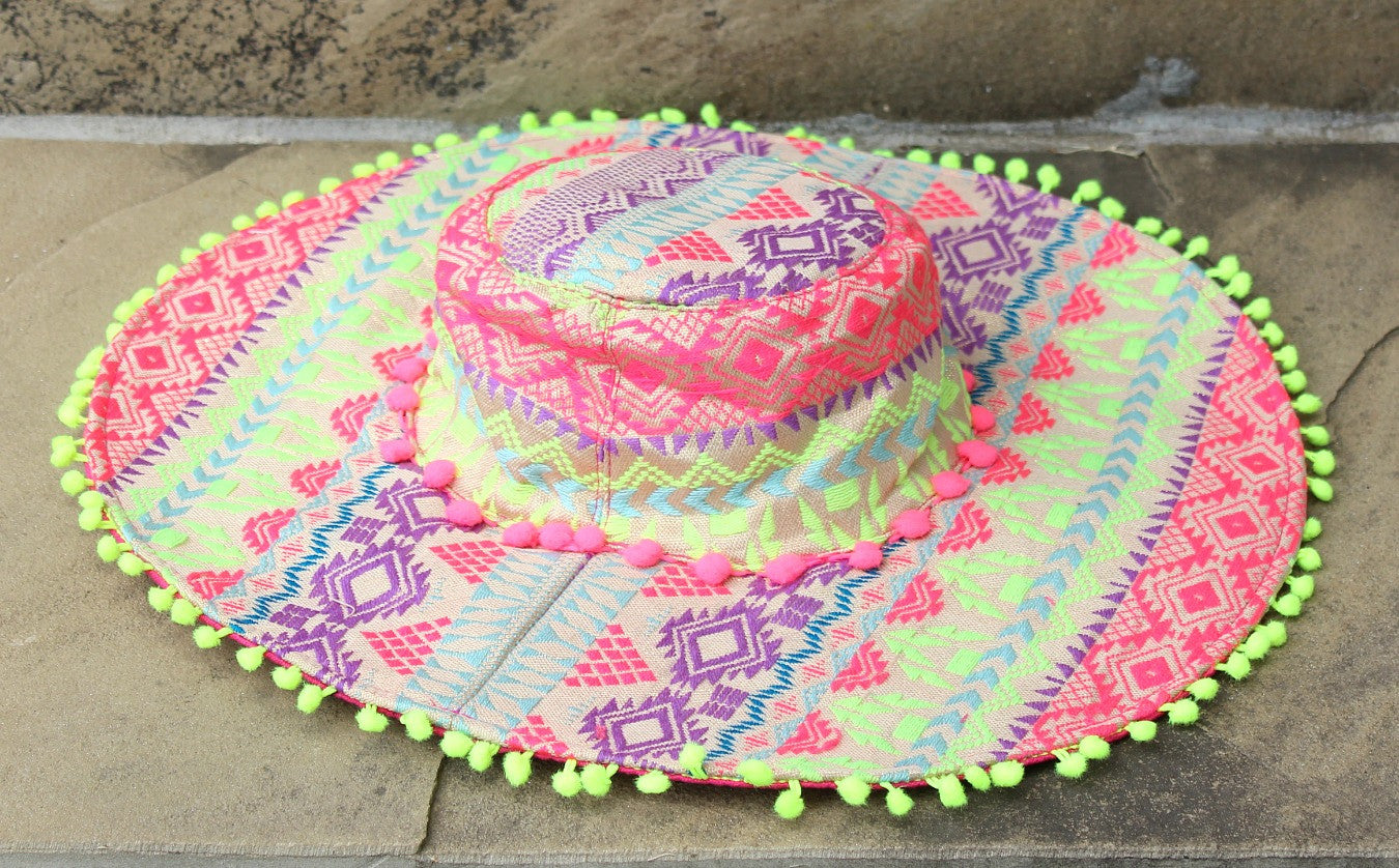 The Kennedi Floppy Hat - Vibrant Neon Pink & Yellow with Pom Pom Trim