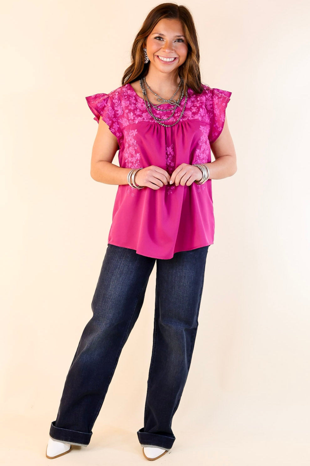 Premium Magenta Floral Embroidery Ruffle Top - Spring Essential