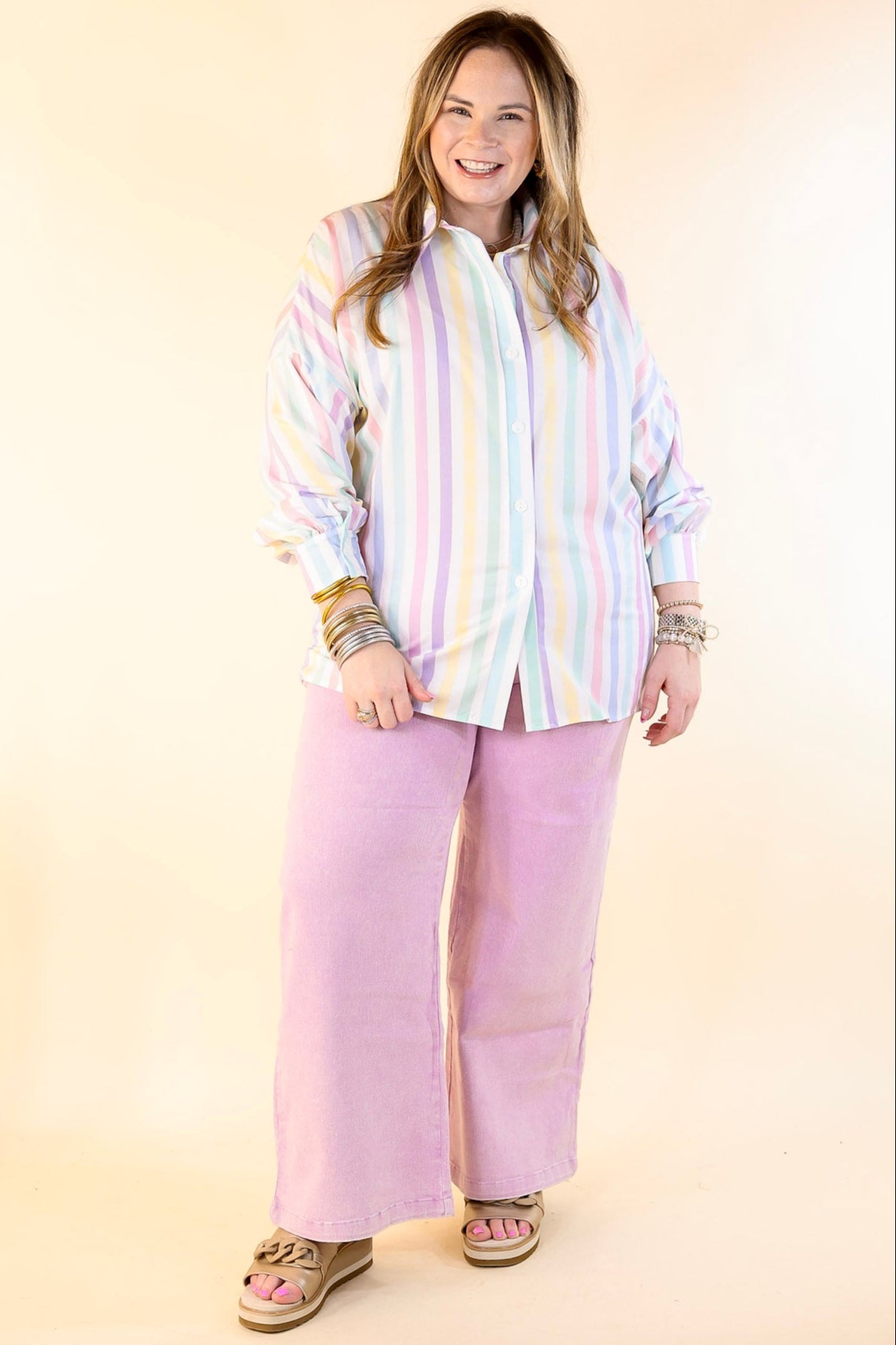 Ultimate Cowgirl Chic Button-Up Striped Blouse in Pastel White