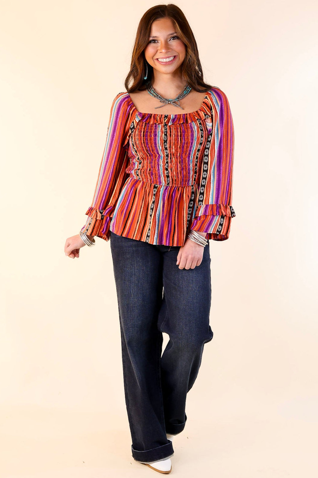 Premium Blissful Break Serape Print Peplum Top – Rust Orange Mix
