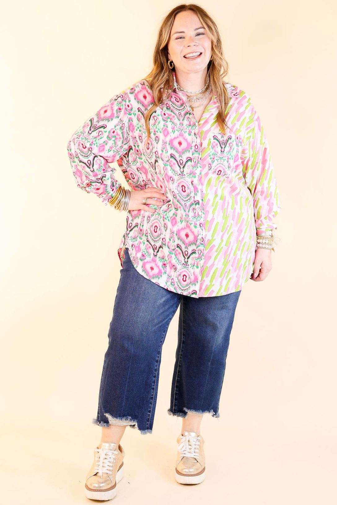 Premium Mosaic Stripe Button-Up Top in Green & Pink