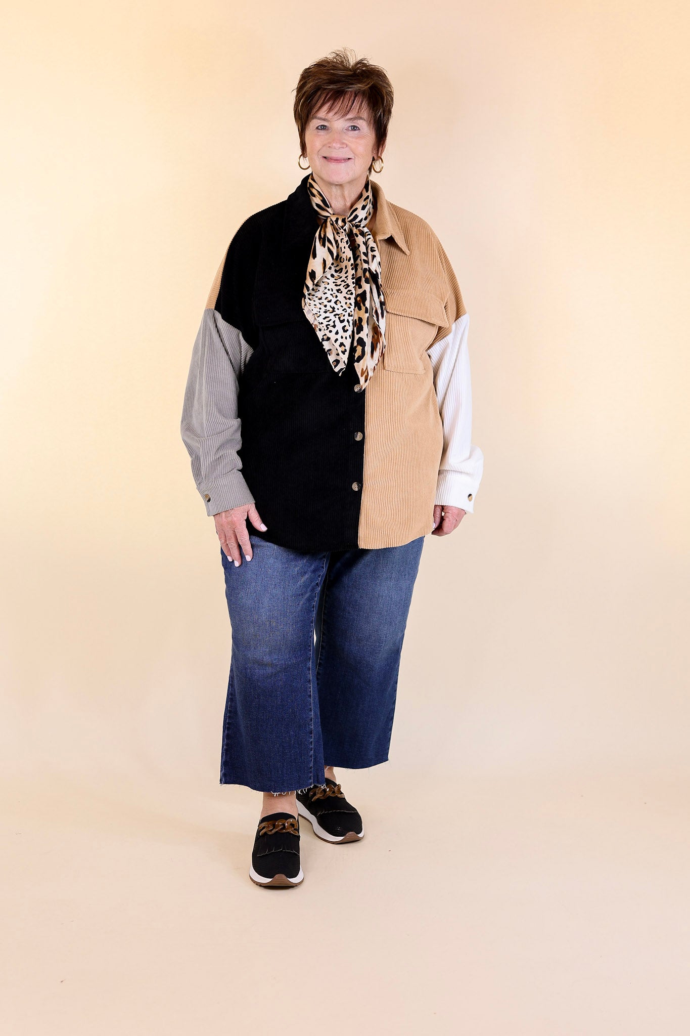 Premium Corduroy Shacket - Black & Tan Color Block Style