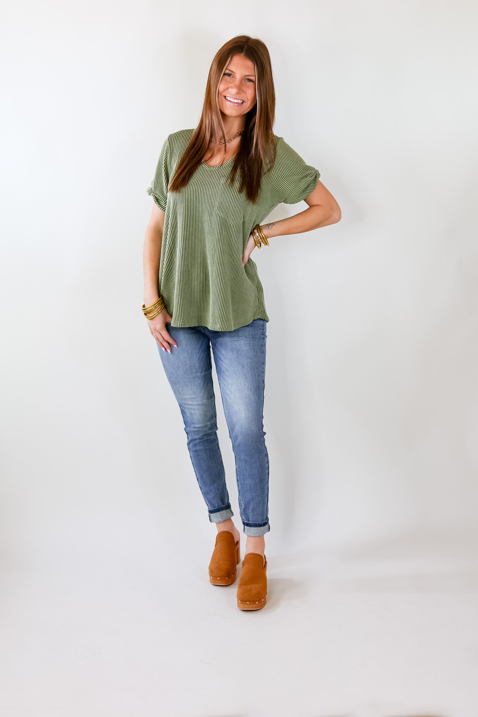 Premium Olive Green Ribbed Short Sleeve Top with Front Pocket