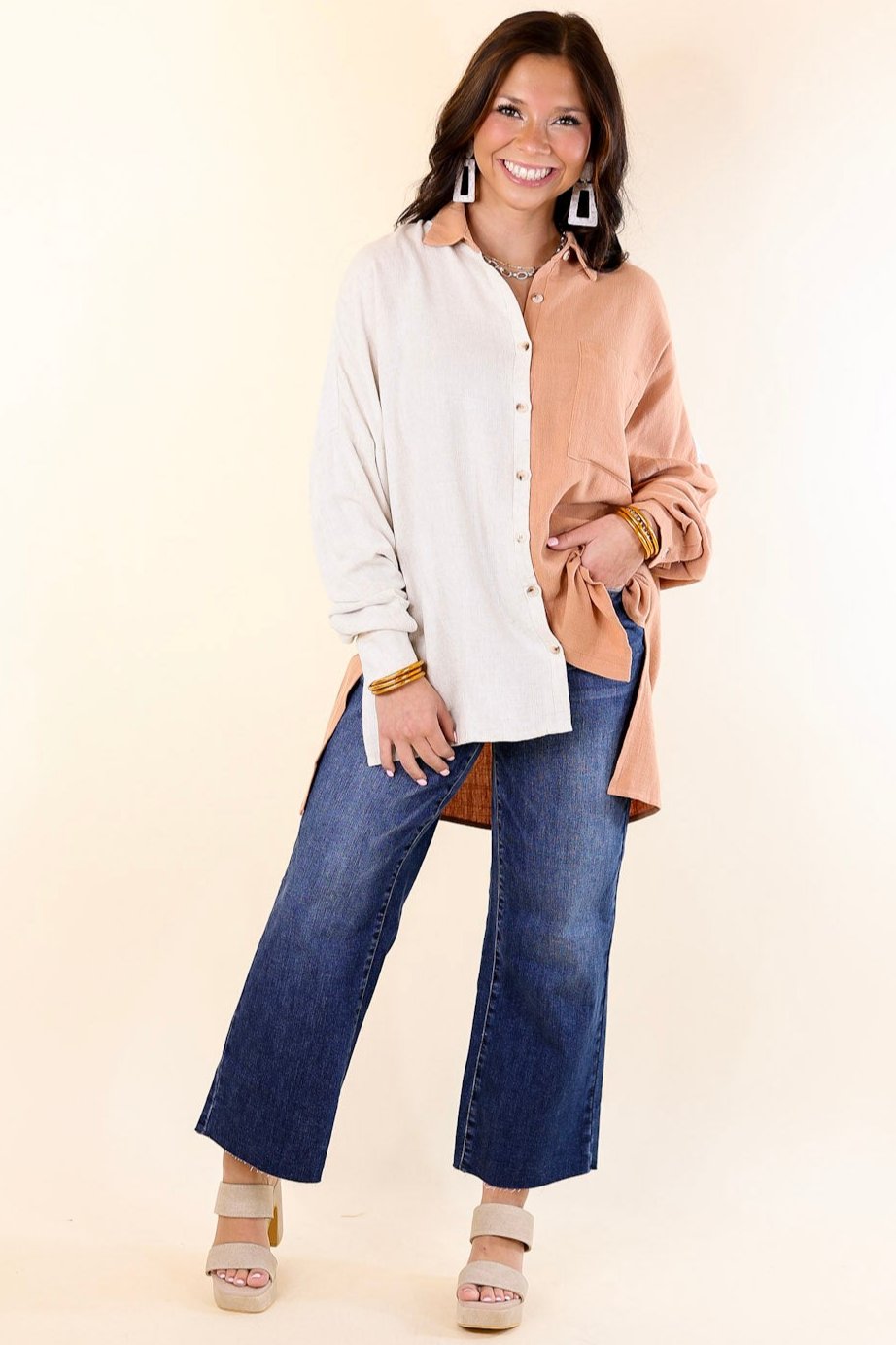 Premium Terracotta Color Block Button-Up Top