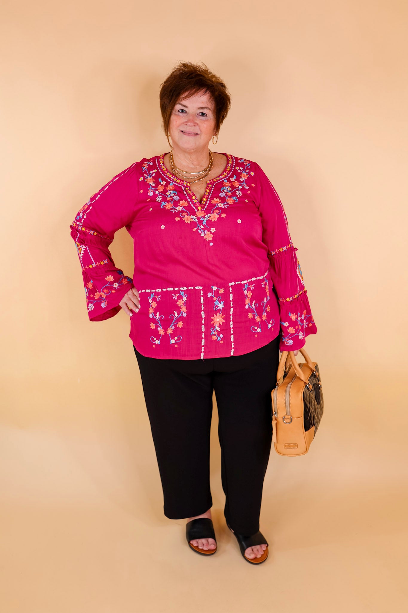 Premium Floral Embroidered Top - Long Bell Sleeves in Vibrant Magenta
