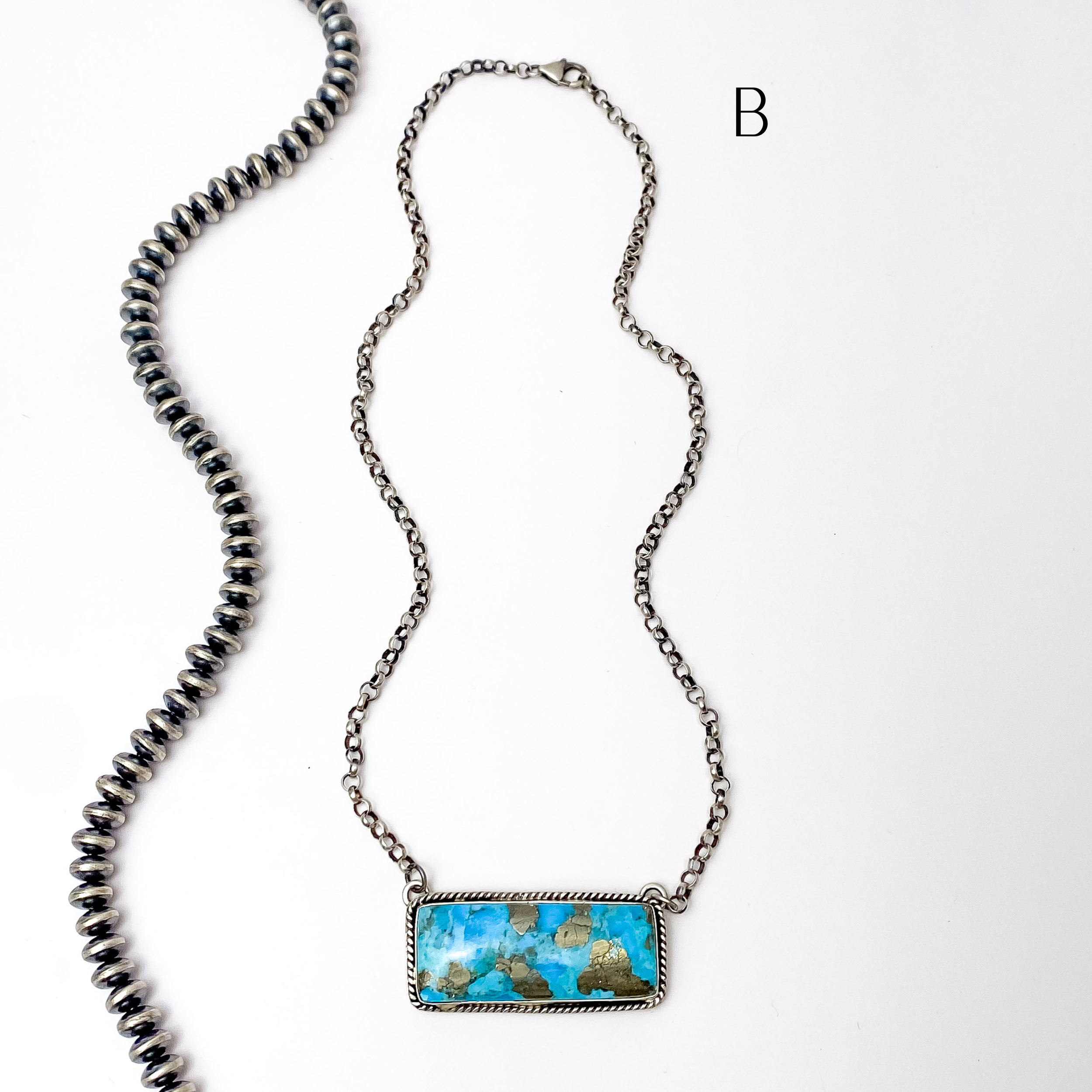 Premium Navajo Handmade Sterling Silver Chain Necklace with Kingman Turquoise Bar by P Yazzie