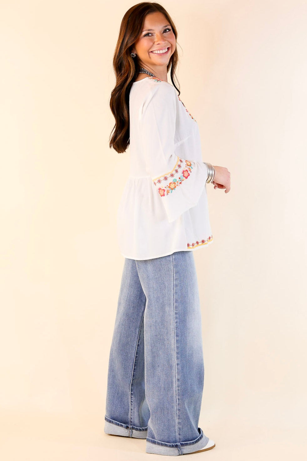 Premium Joyous Moments 3/4 Bell Sleeve Embroidered Babydoll Top in White