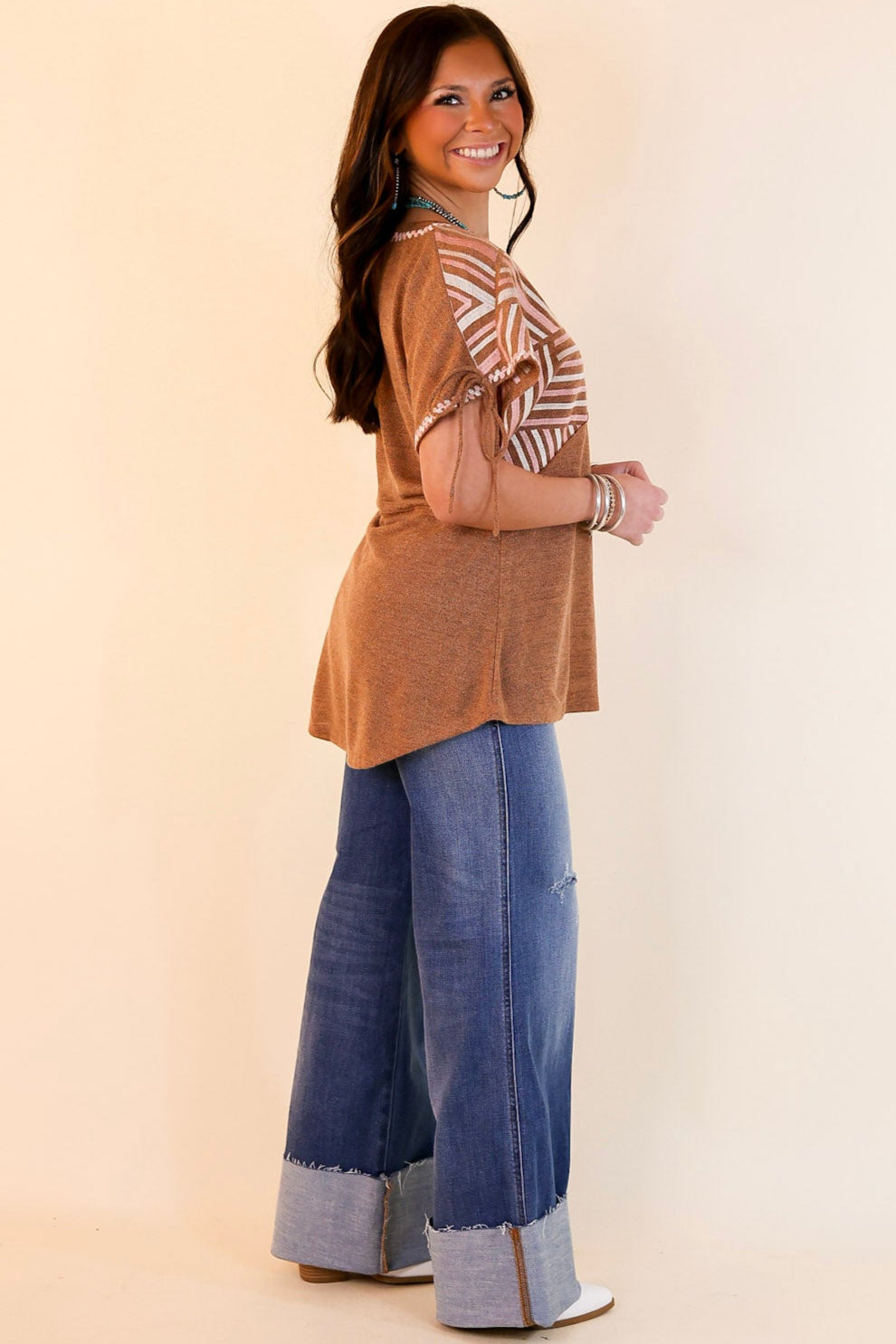 Premium Desert Vibes Embroidered Top with Sleeve Ties - Pink, Ivory & Brown