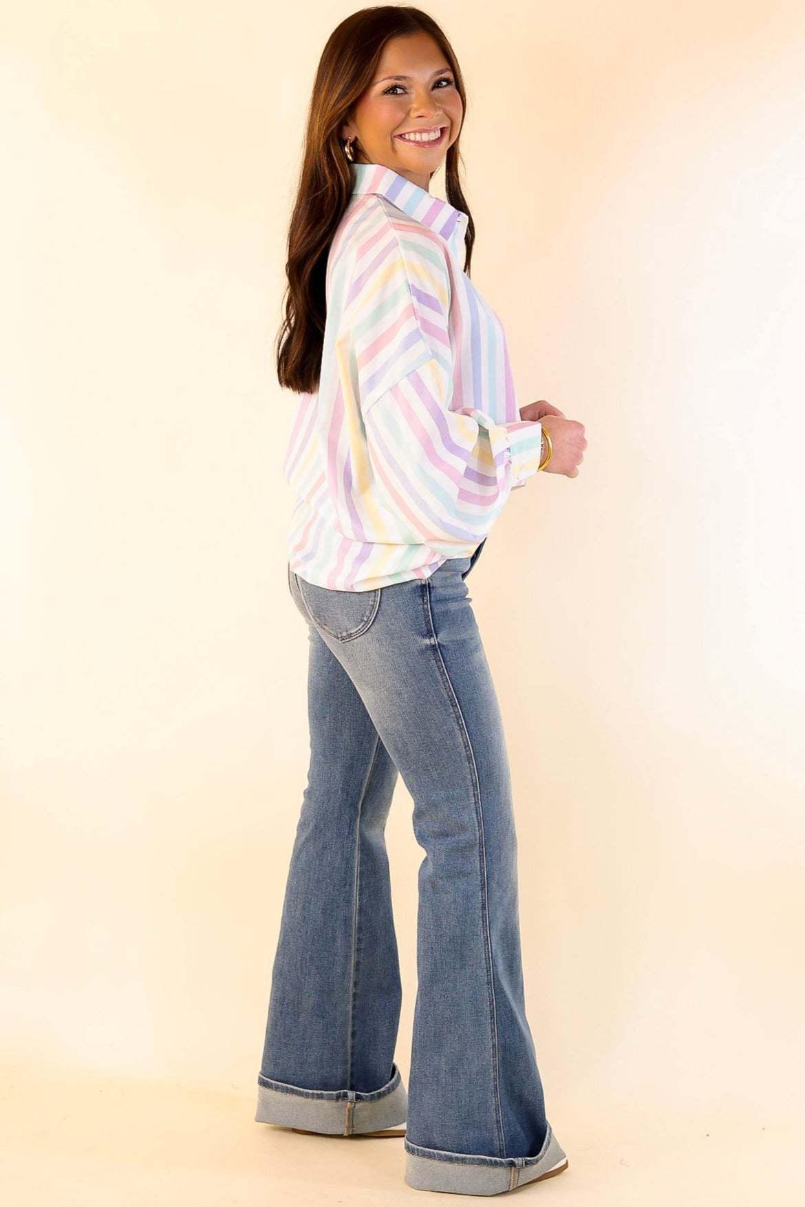 Ultimate Cowgirl Chic Button-Up Striped Blouse in Pastel White