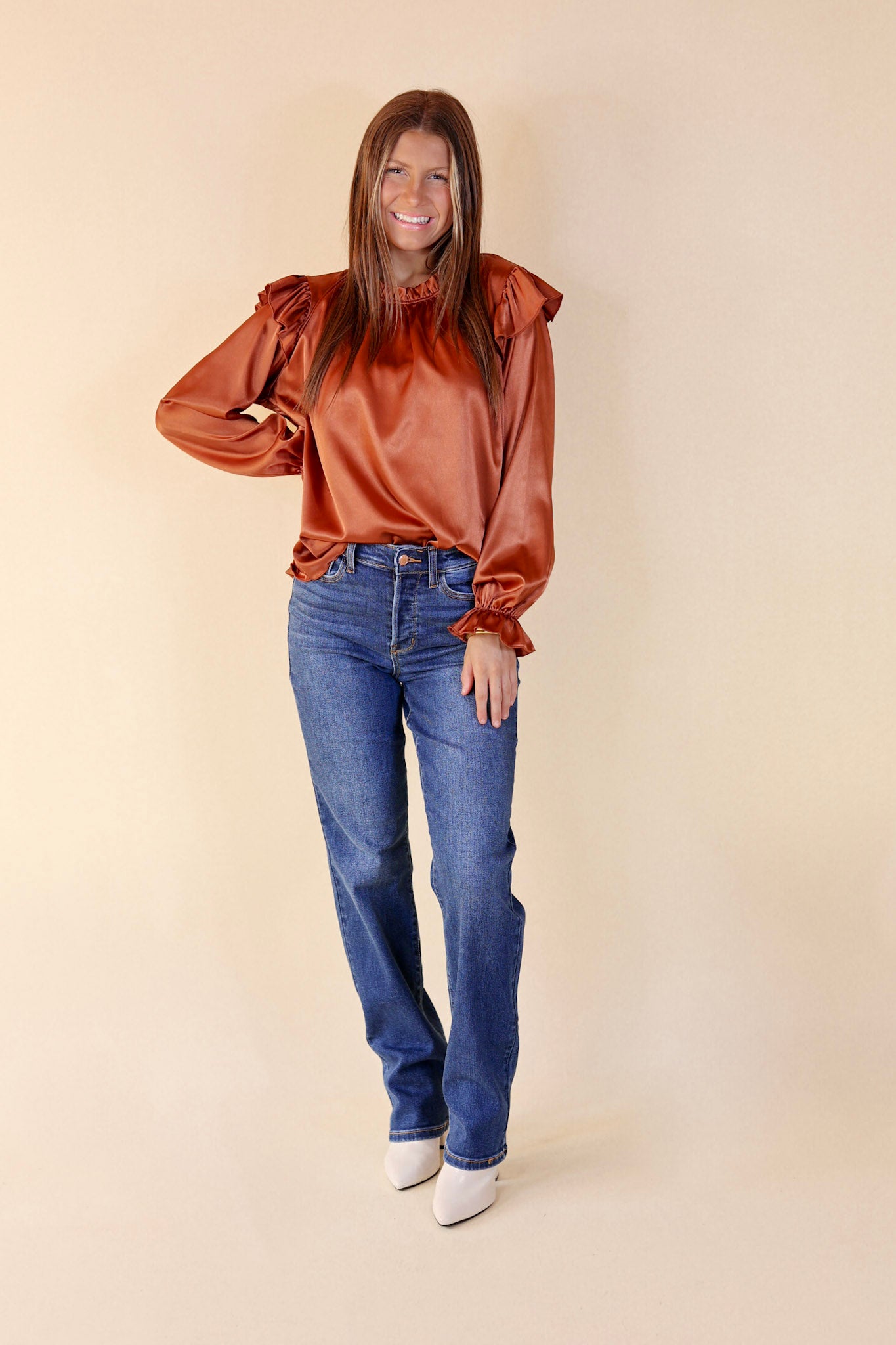 Ultimate Elegance Ruffle Mock Neck Satin Blouse - Rust Brown