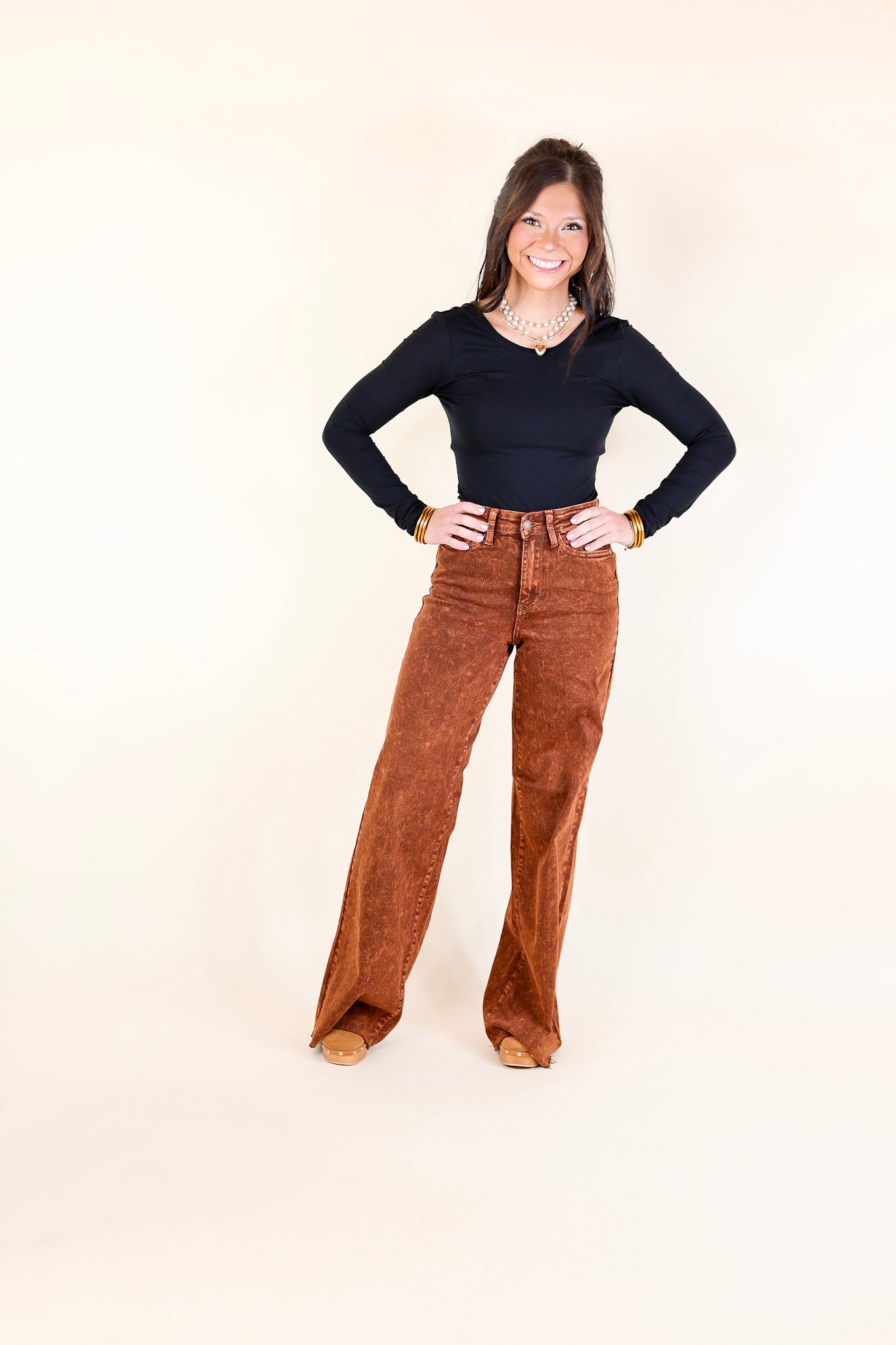 Judy Blue | Premium Harvest Hues High Waisted Wide Leg Jeans in Pumpkin Spice Brown