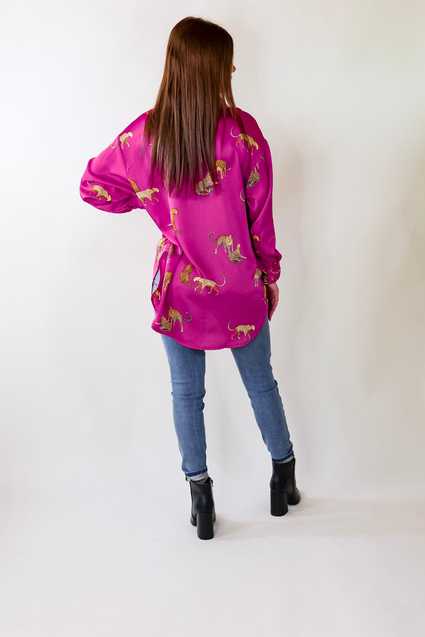 Premium Cheetah Print Long Sleeve Button-Up Top - Magenta Pink
