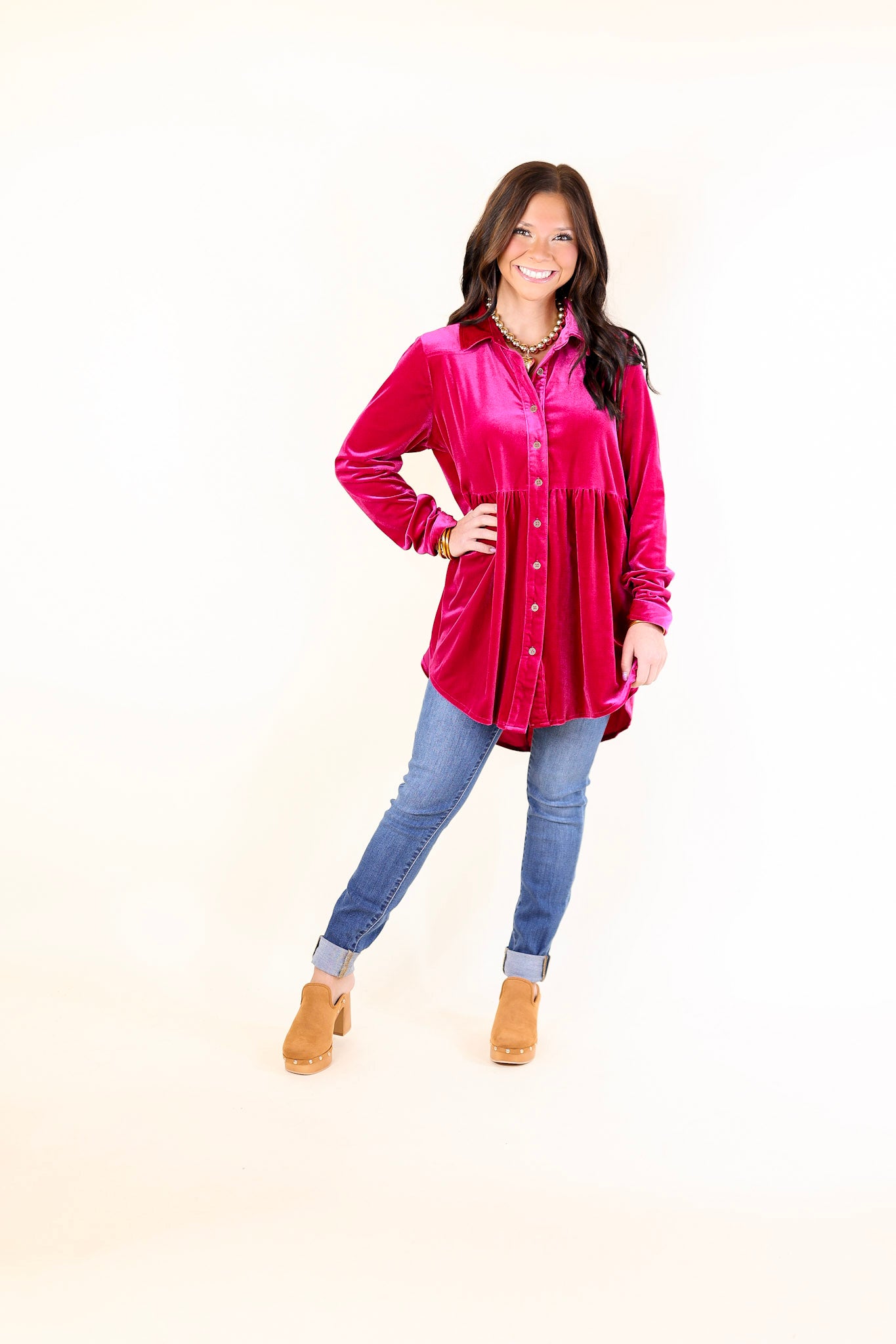 Premium Velvet Babydoll Tunic Top - Raspberry Pink | Ultimate Elegance