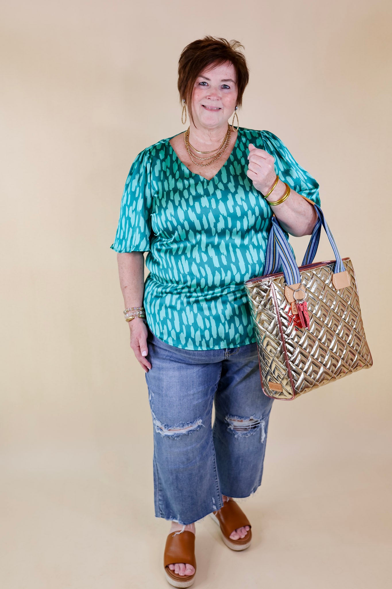 Premium Satin Dotted V-Neck Blouse - Teal Mix