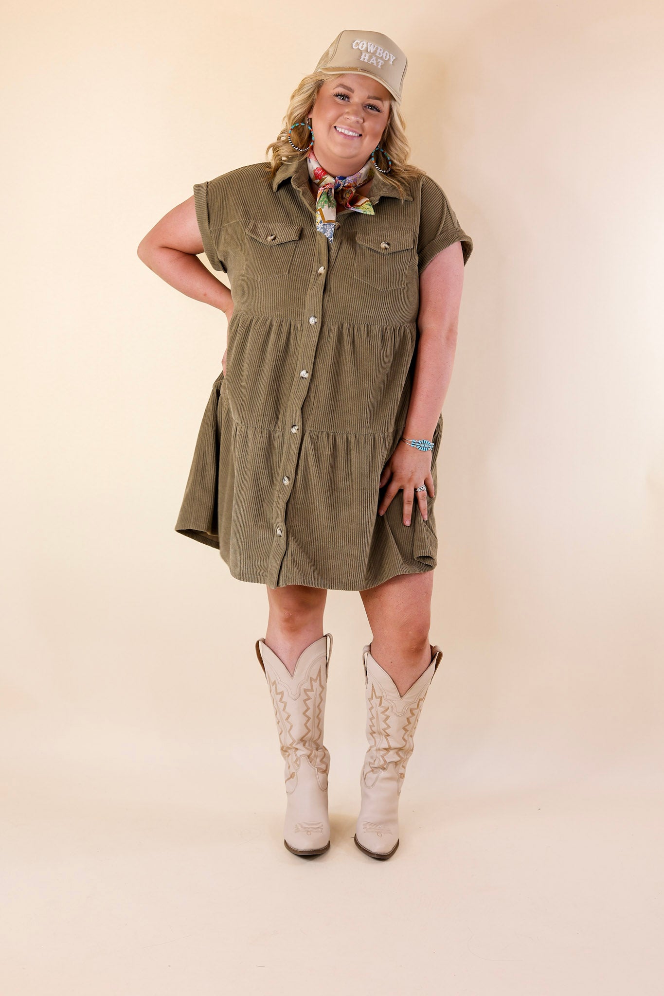 Ultimate Obsession Corduroy Button-Up Dress - Olive Green