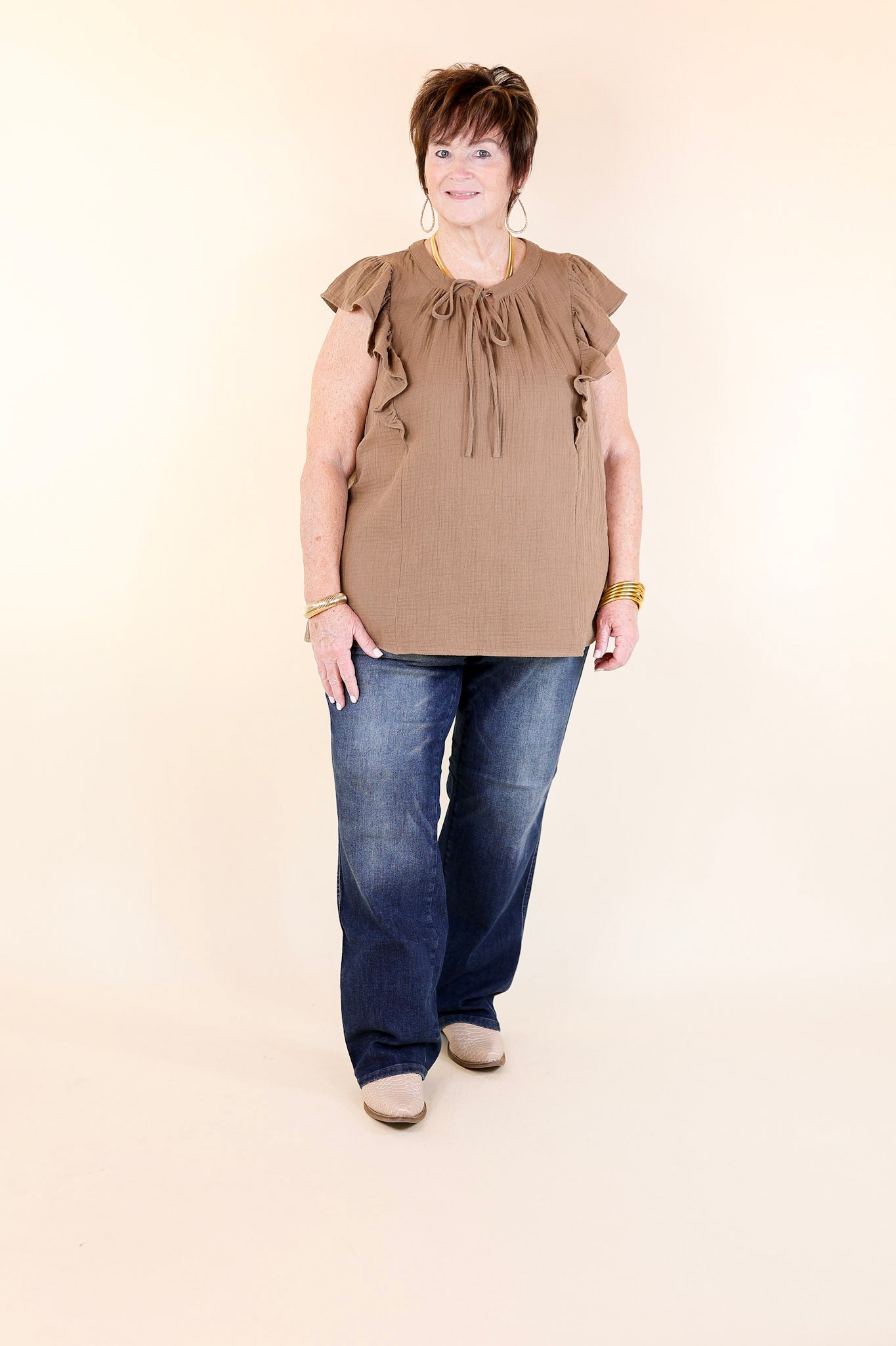 Premium Dual Season Ruffle Top - Mocha Brown with Keyhole & Tie Neckline