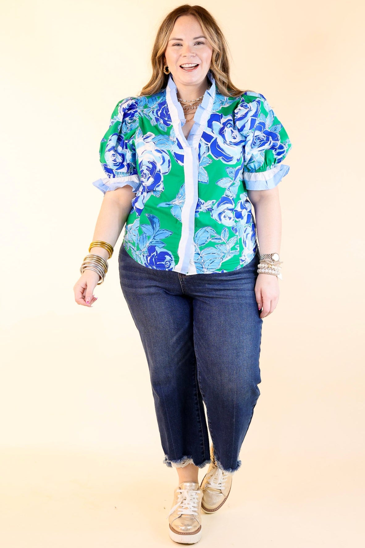 Premium Floral Ruffled V-Neck Top - Green & Blue Elegance