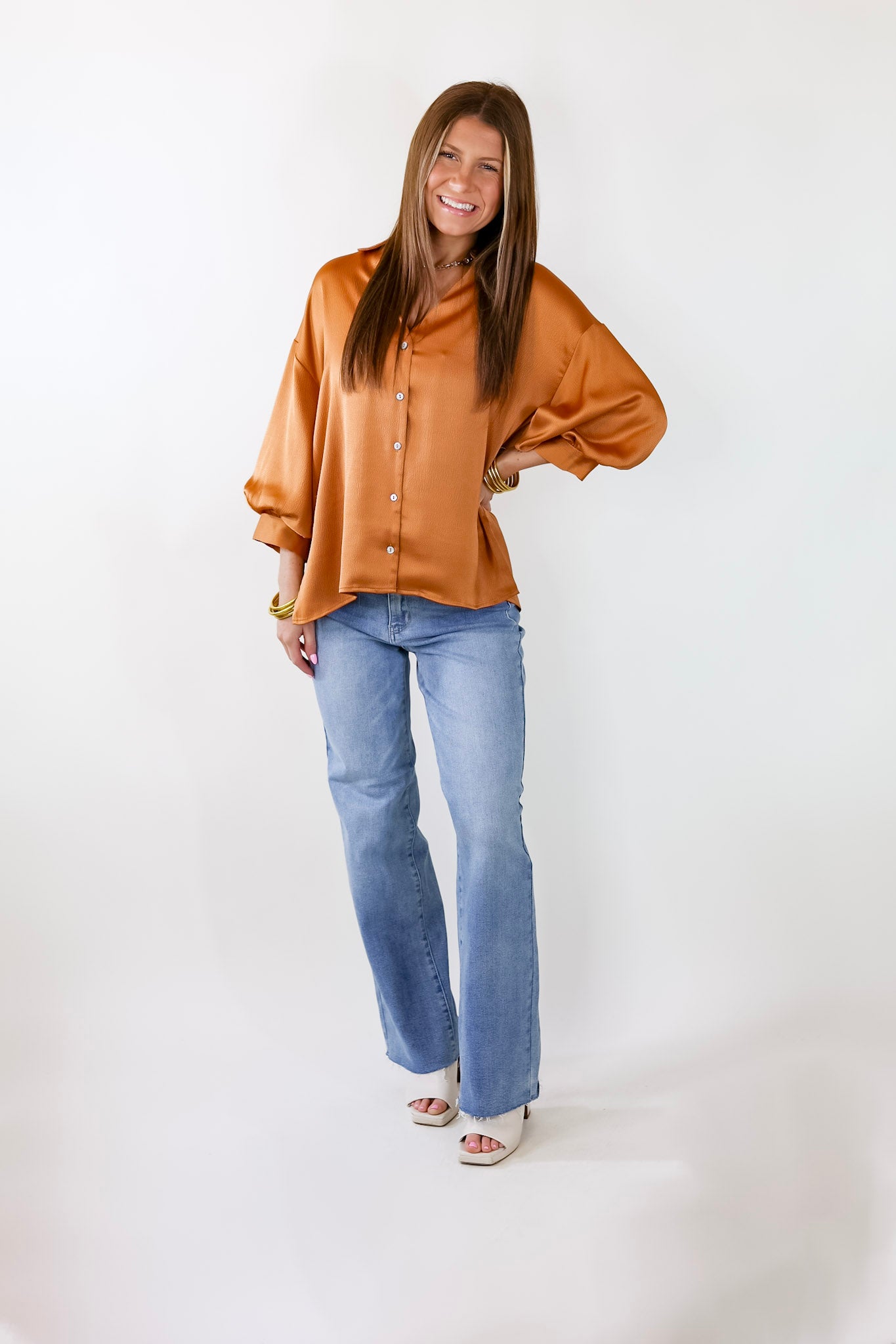 Premium Sweet Notion Button-Up Top with Balloon Sleeves in Pumpkin Orange
