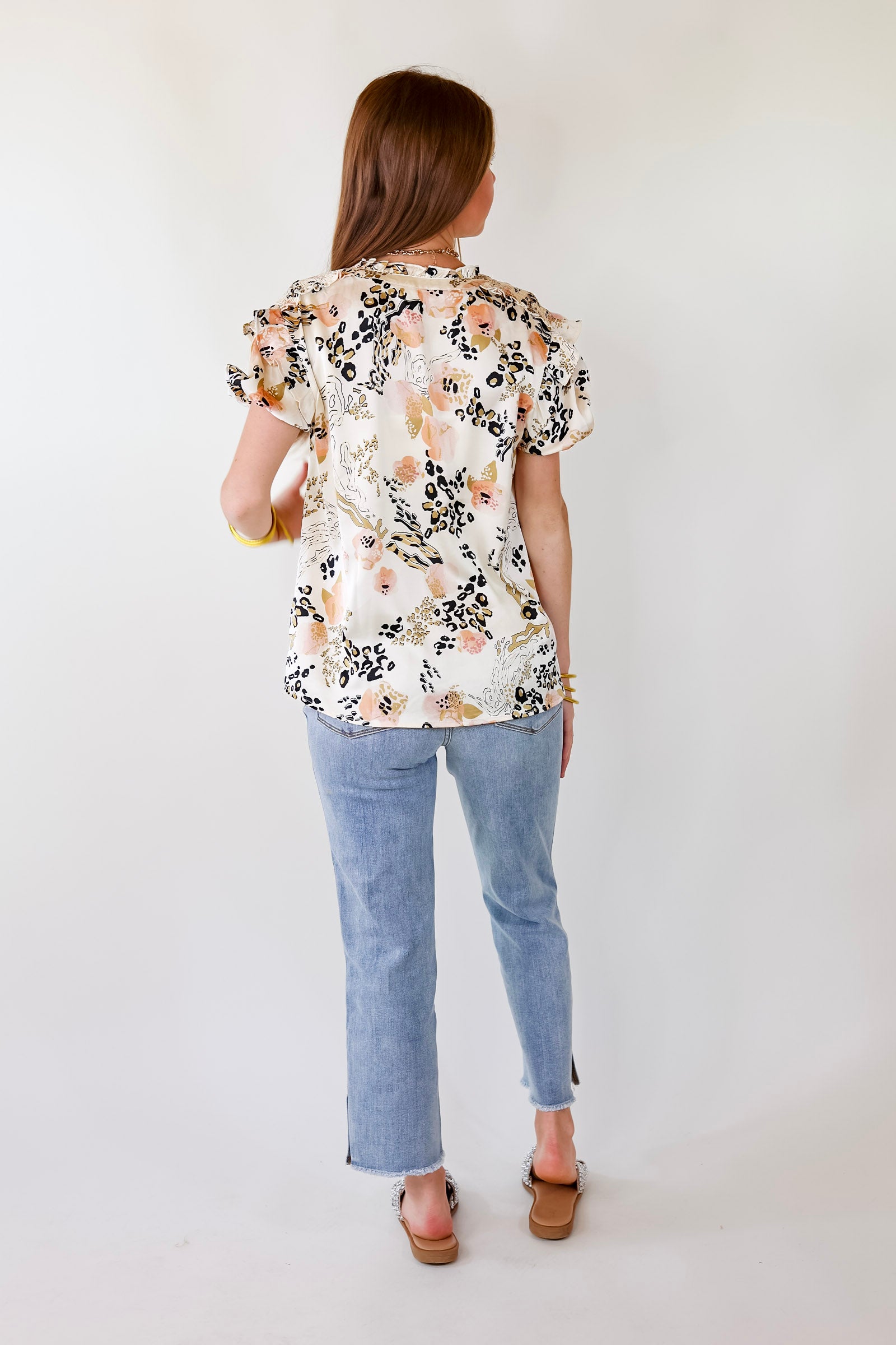 Ultimate Ivory Satin Blouse with Keyhole & Floral Print