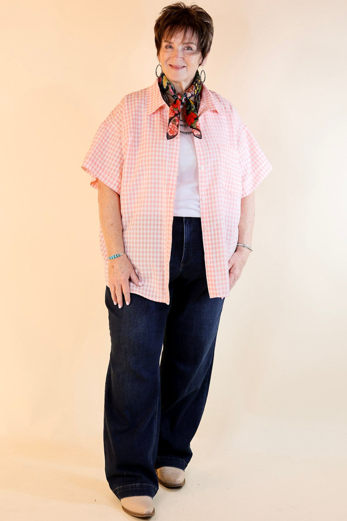 Ultimate Spring Style: Light Pink Gingham Short Sleeve Button-Up Top