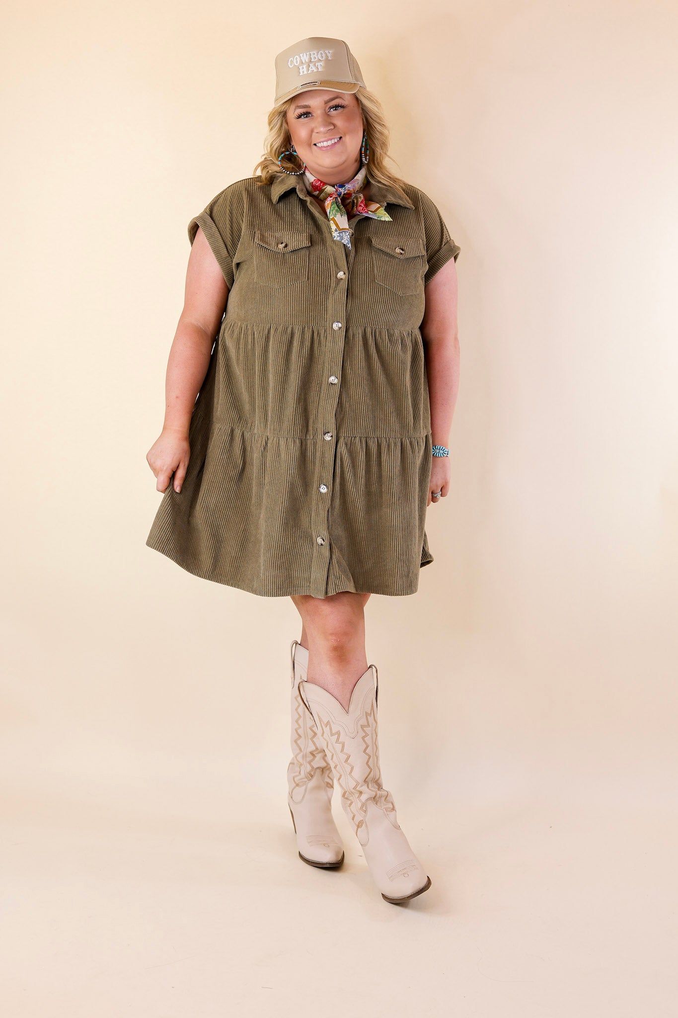 Ultimate Obsession Corduroy Button-Up Dress - Olive Green