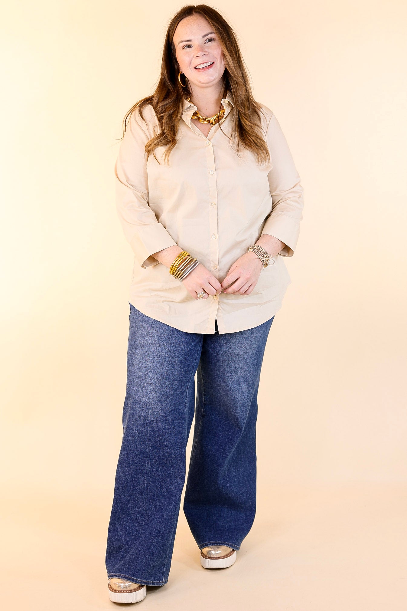 Premium Simply Chic Collared Button-Up Blouse | 3/4 Sleeves | Cream