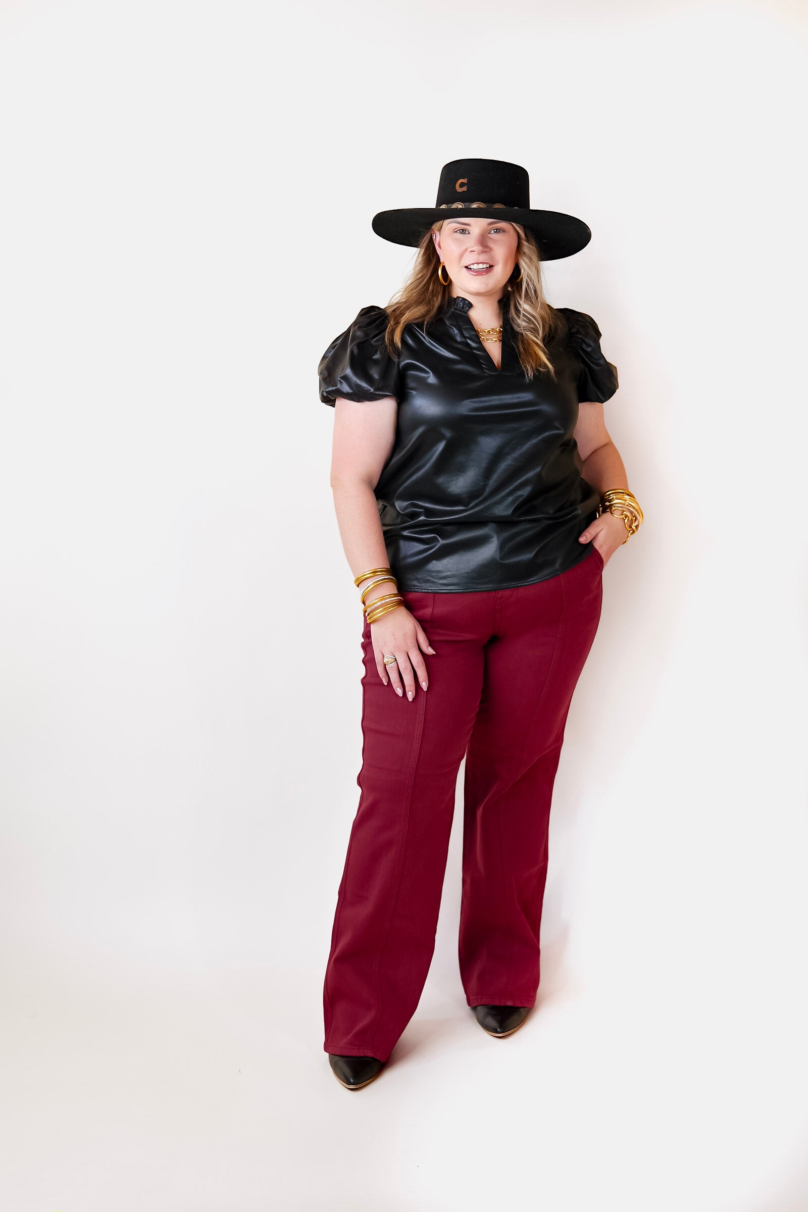 Premium Replay The Night Faux Leather Top - Black with Balloon Sleeves