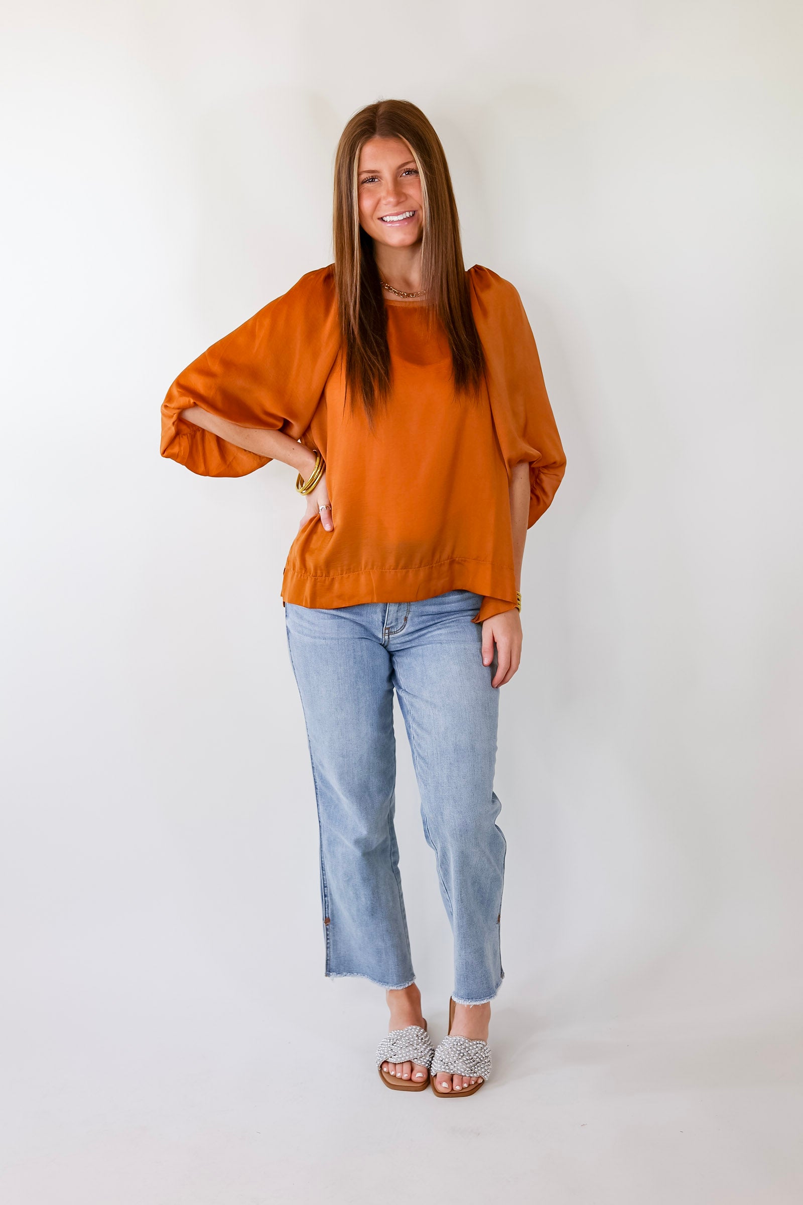 Premium Flash A Smile Balloon Sleeve Satin Blouse - Burnt Orange