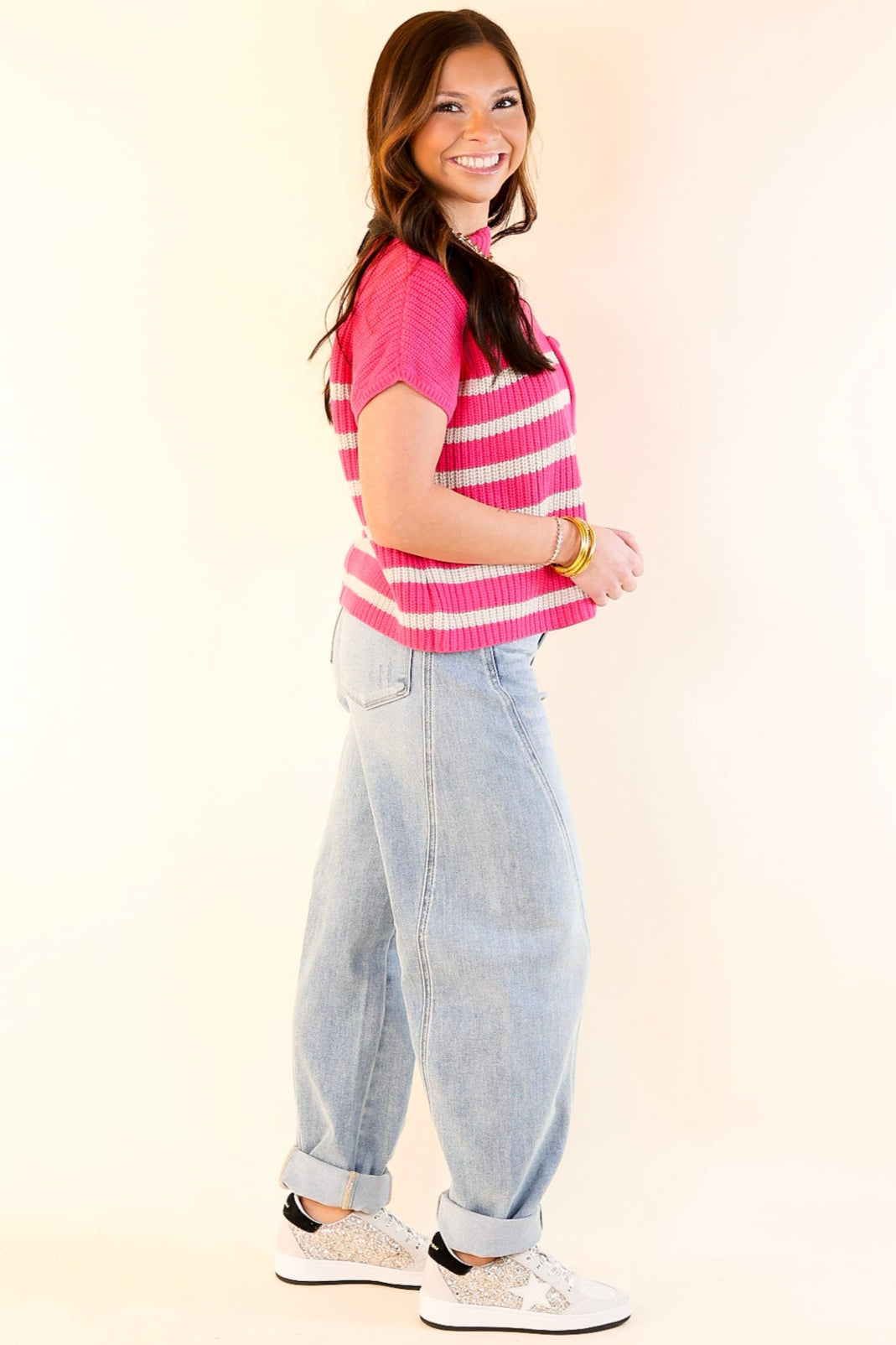 Premium Striped Cap Sleeve Sweater - Hot Pink | Ultimate Comfort & Style