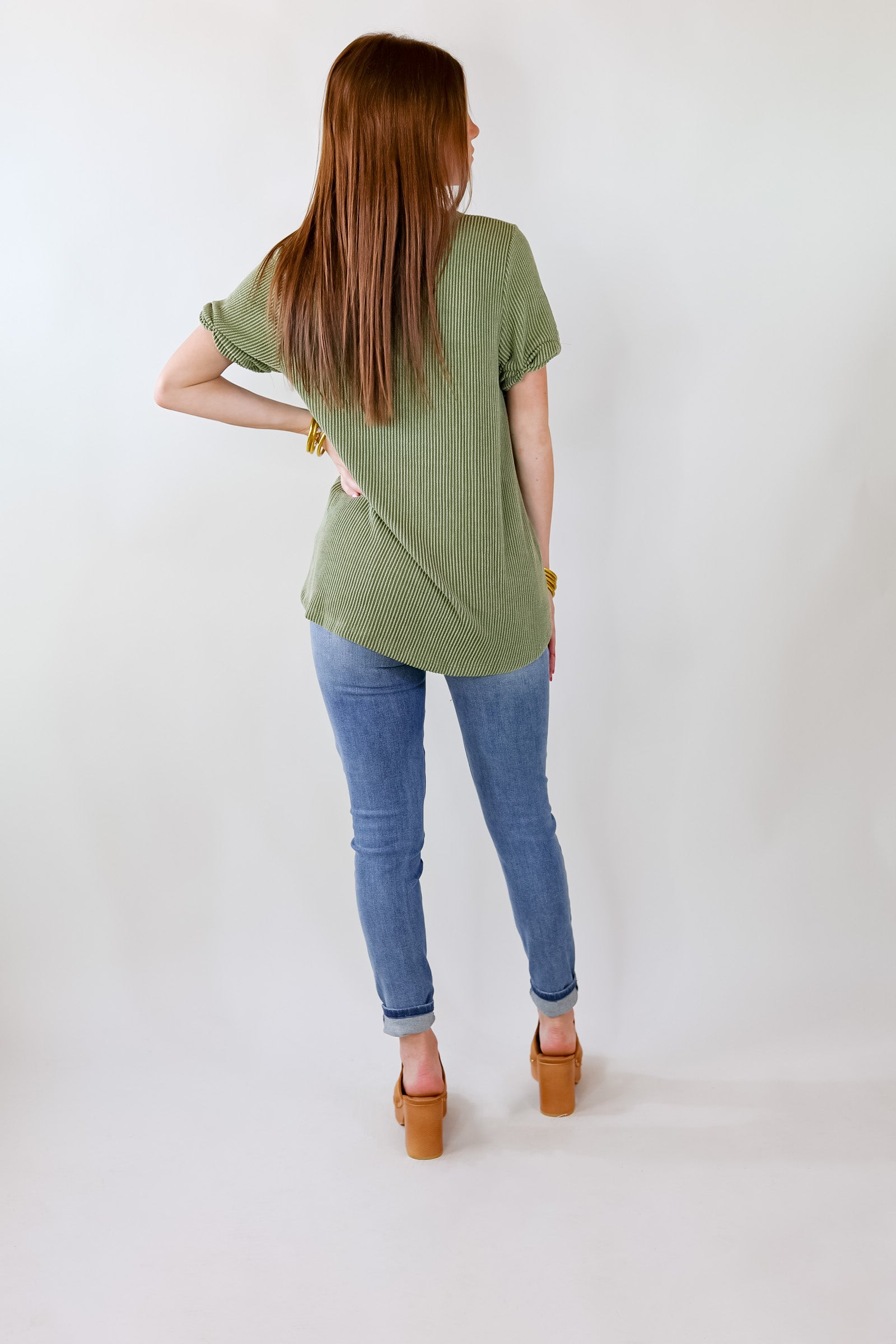 Premium Olive Green Ribbed Short Sleeve Top with Front Pocket