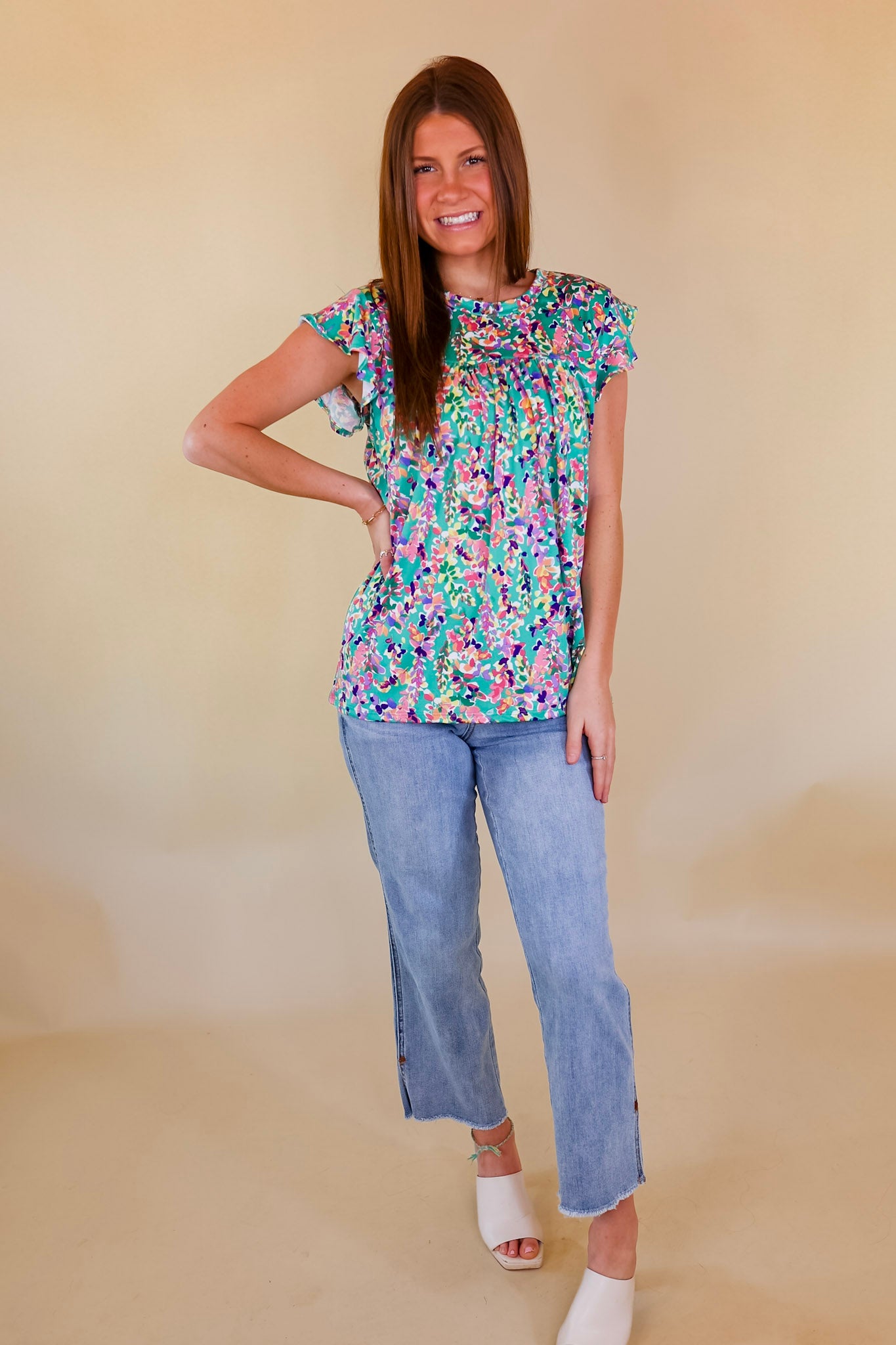 Premium Garden Glory Floral Ruffle Top - Spring Green Elegance