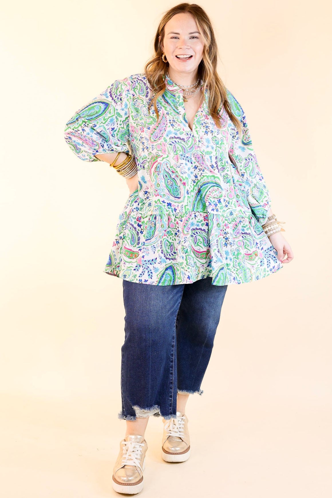 Premium Meadow Melody Paisley Babydoll Top - Green Mix | Ultimate Comfort & Style