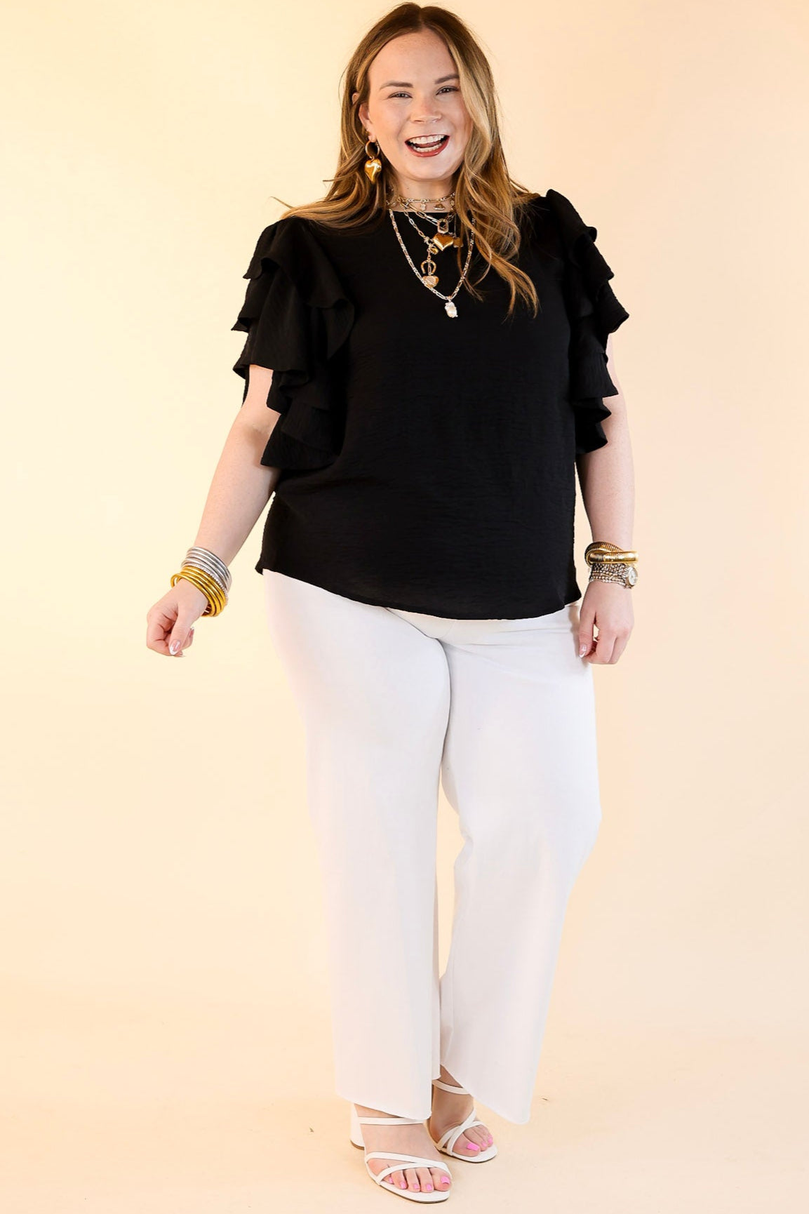 Premium Elegance: Black Multi-Tiered Ruffle Cap Sleeve Top