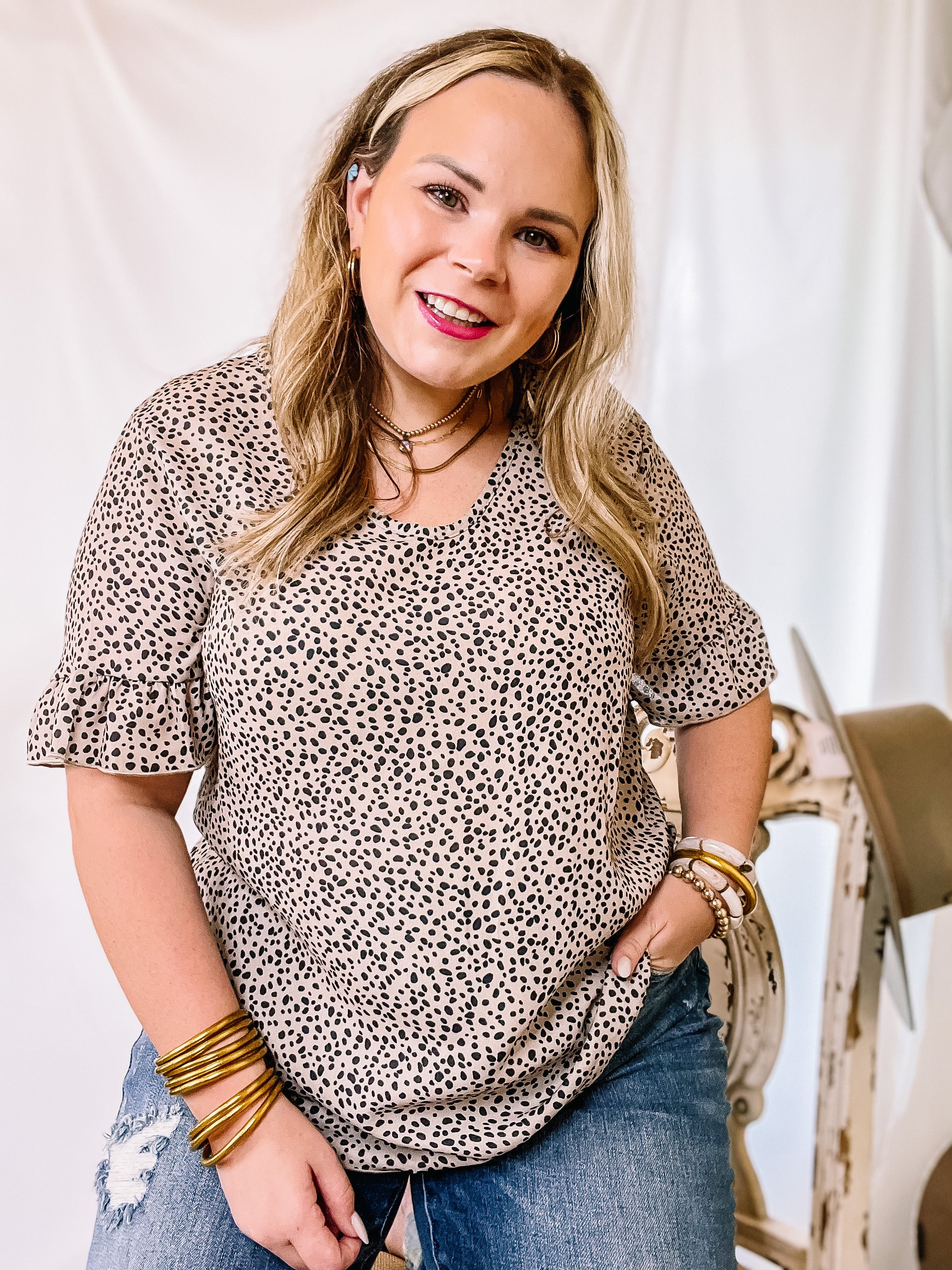 Premium Taupe V-Neck Ruffle Top with Dotted Print | Ultimate Casual Elegance
