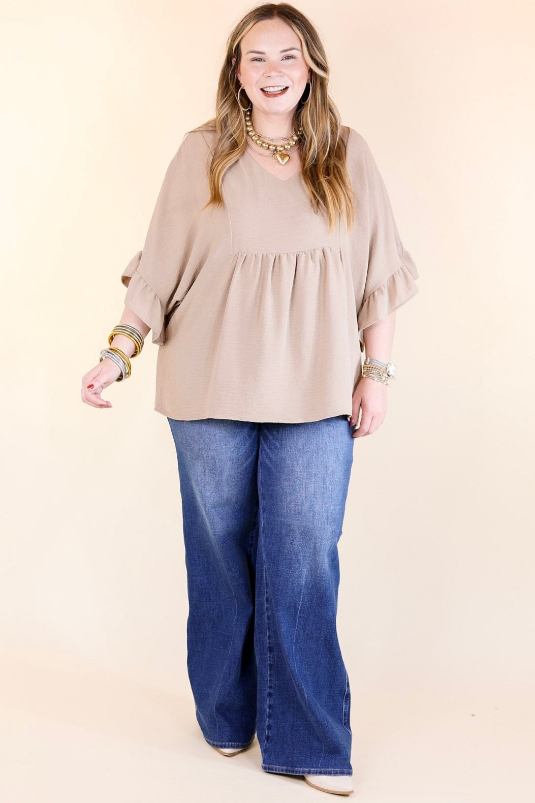 Premium Chic Cascades Tiered V-Neck Ruffle Sleeve Top in Taupe
