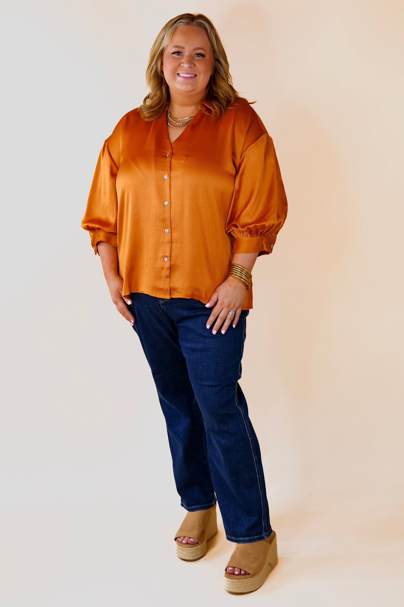 Premium Sweet Notion Button-Up Top with Balloon Sleeves in Pumpkin Orange