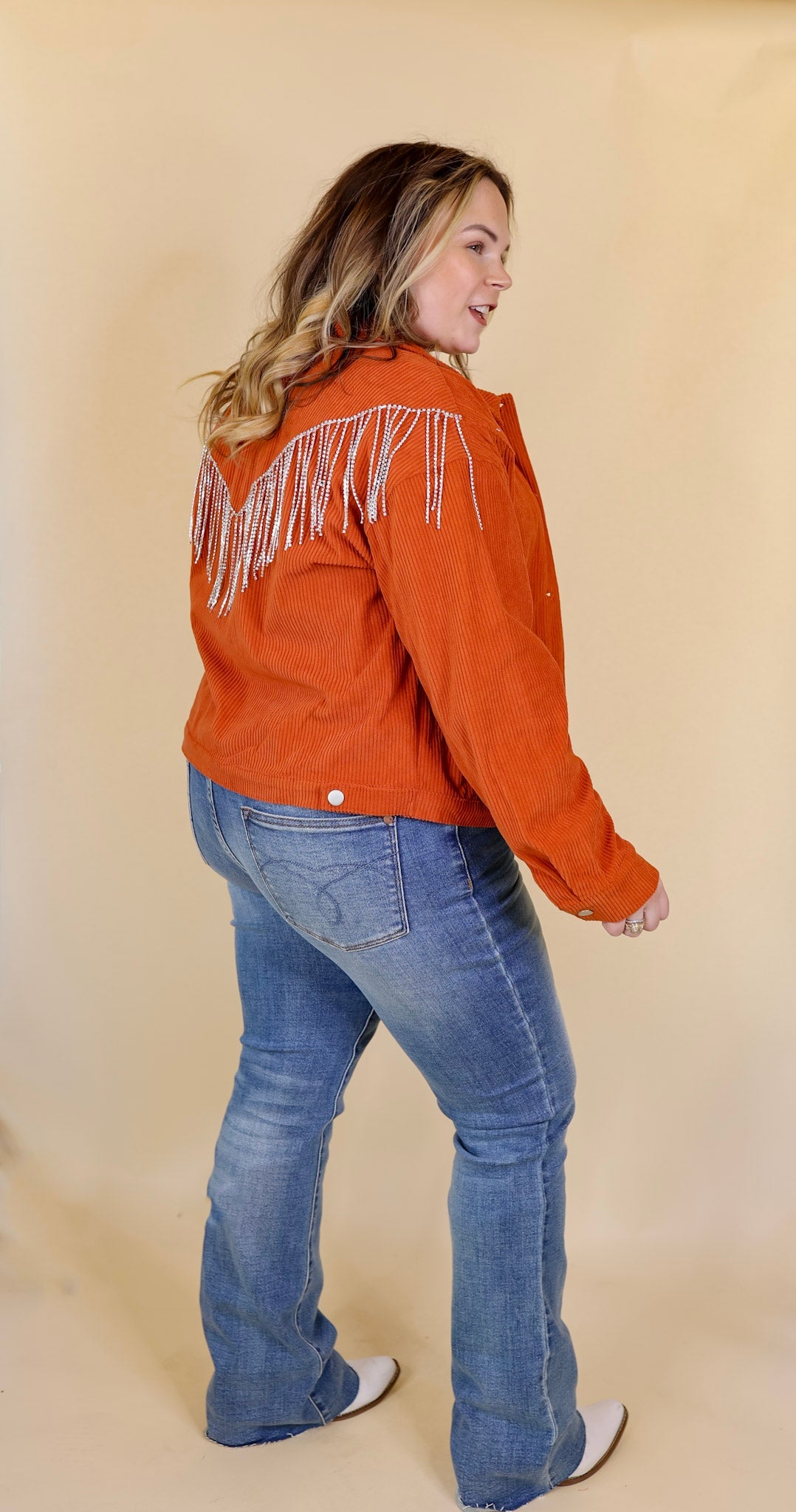 Ultimate Rust Orange Corduroy Shacket with Crystal Fringe Back