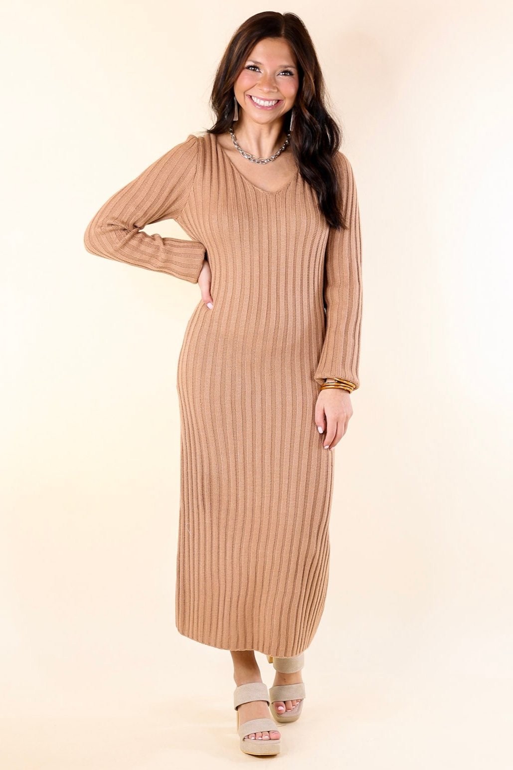 Premium Pumpkin Spice V-Neck Midi Sweater Dress - Ultimate Fall Wardrobe Essential